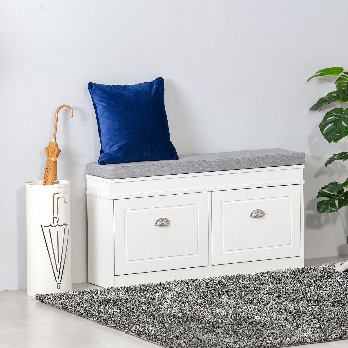 Easycomfort Panca Scarpiera Salvaspazio in Legno with Cuscino, 2 Cassetti with Mensola Regolabile per 8 Scarpe, 104x24x55cm, white