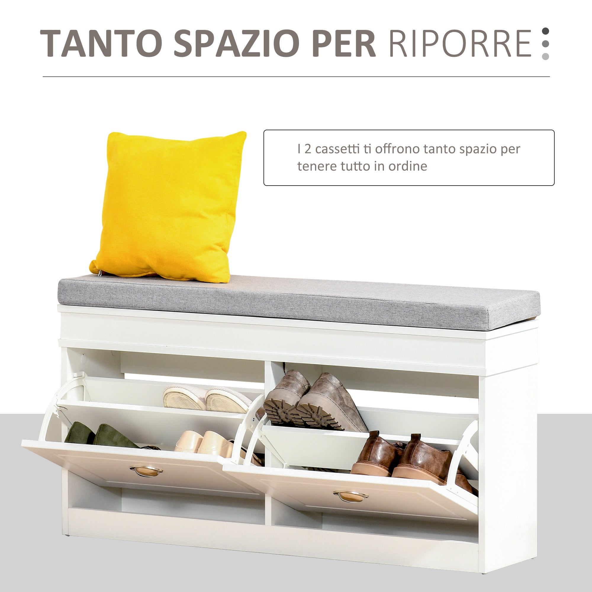 Easycomfort Panca Scarpiera Salvaspazio in Legno with Cuscino, 2 Cassetti with Mensola Regolabile per 8 Scarpe, 104x24x55cm, white