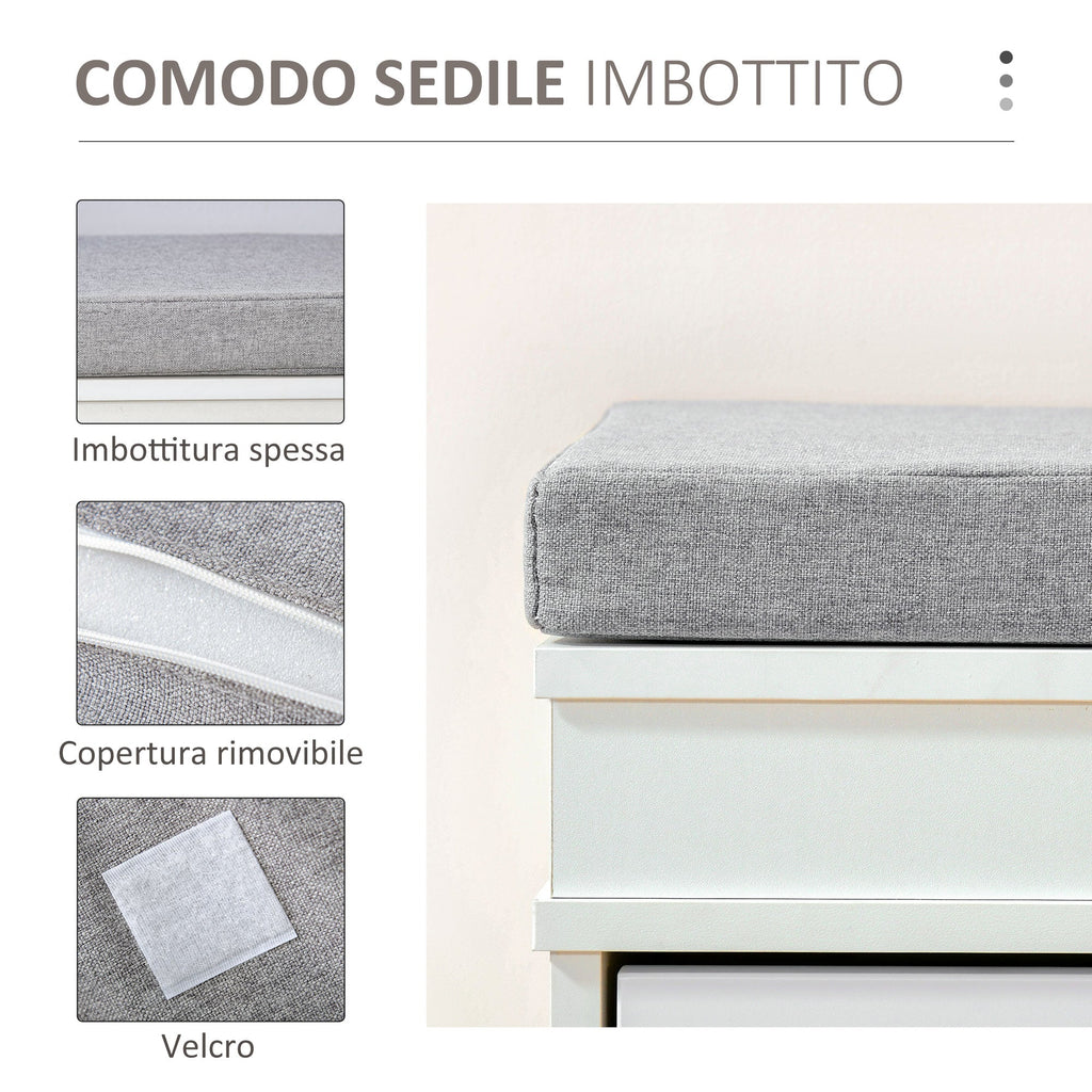 Easycomfort Panca Scarpiera Salvaspazio in Legno with Cuscino, 2 Cassetti with Mensola Regolabile per 8 Scarpe, 104x24x55cm, white