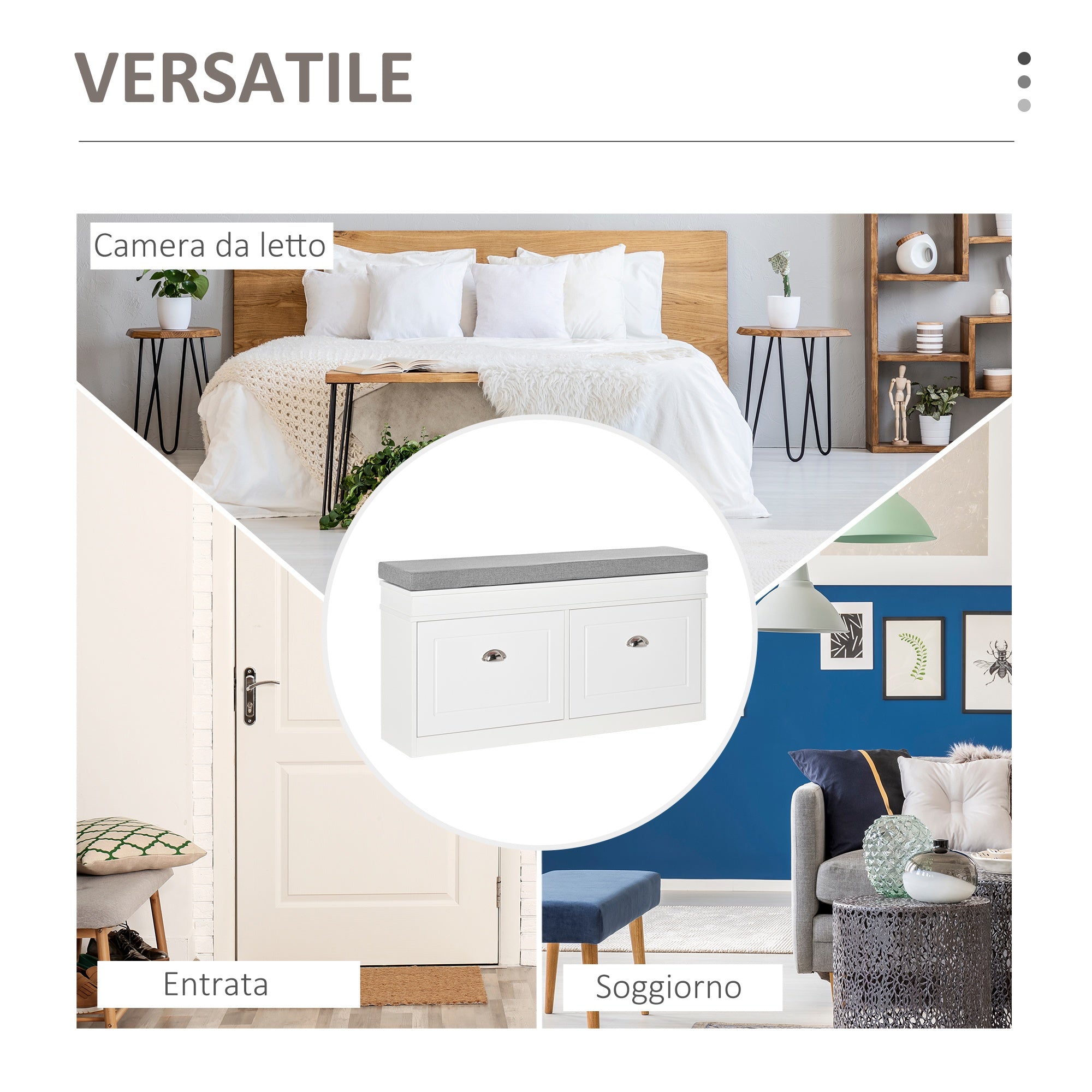 Easycomfort Panca Scarpiera Salvaspazio in Legno with Cuscino, 2 Cassetti with Mensola Regolabile per 8 Scarpe, 104x24x55cm, white