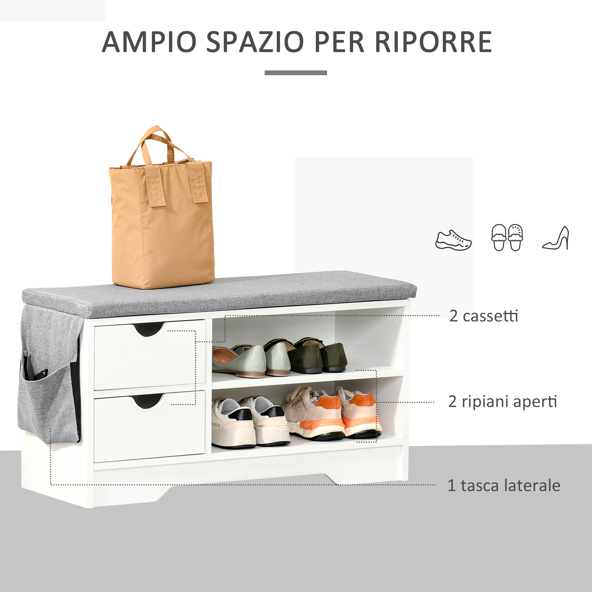 Easycomfort Scarpiera Salvaspazio, Panca Scarpiera in Legno, Mobile Scarpiera da Ingresso, Bianca, 80.5x30.5x43.5cm