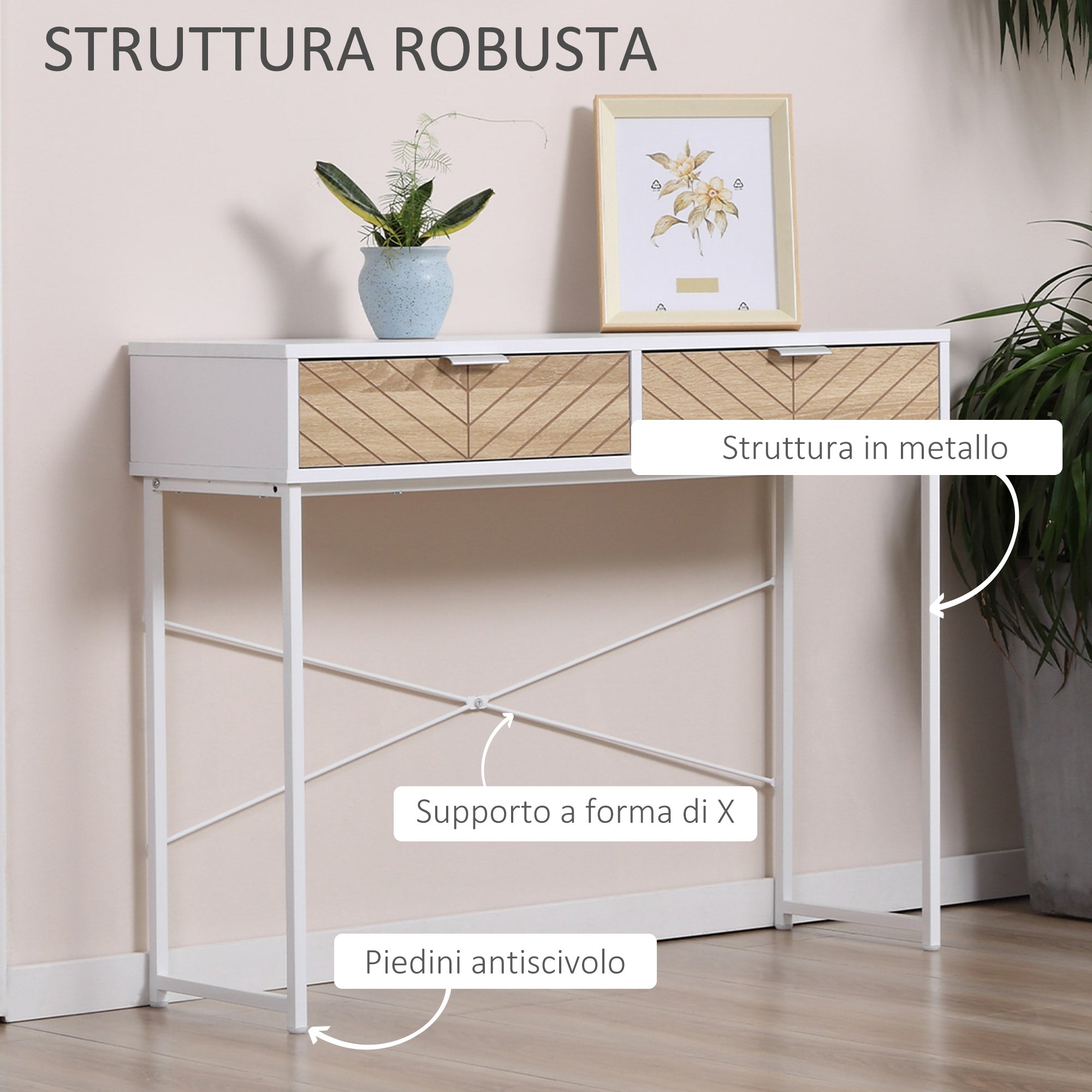 Easycomfort Consolle Moderna per Ingresso e Soggiorno with 2 Cassetti in Metallo 100x30x75cm - white
