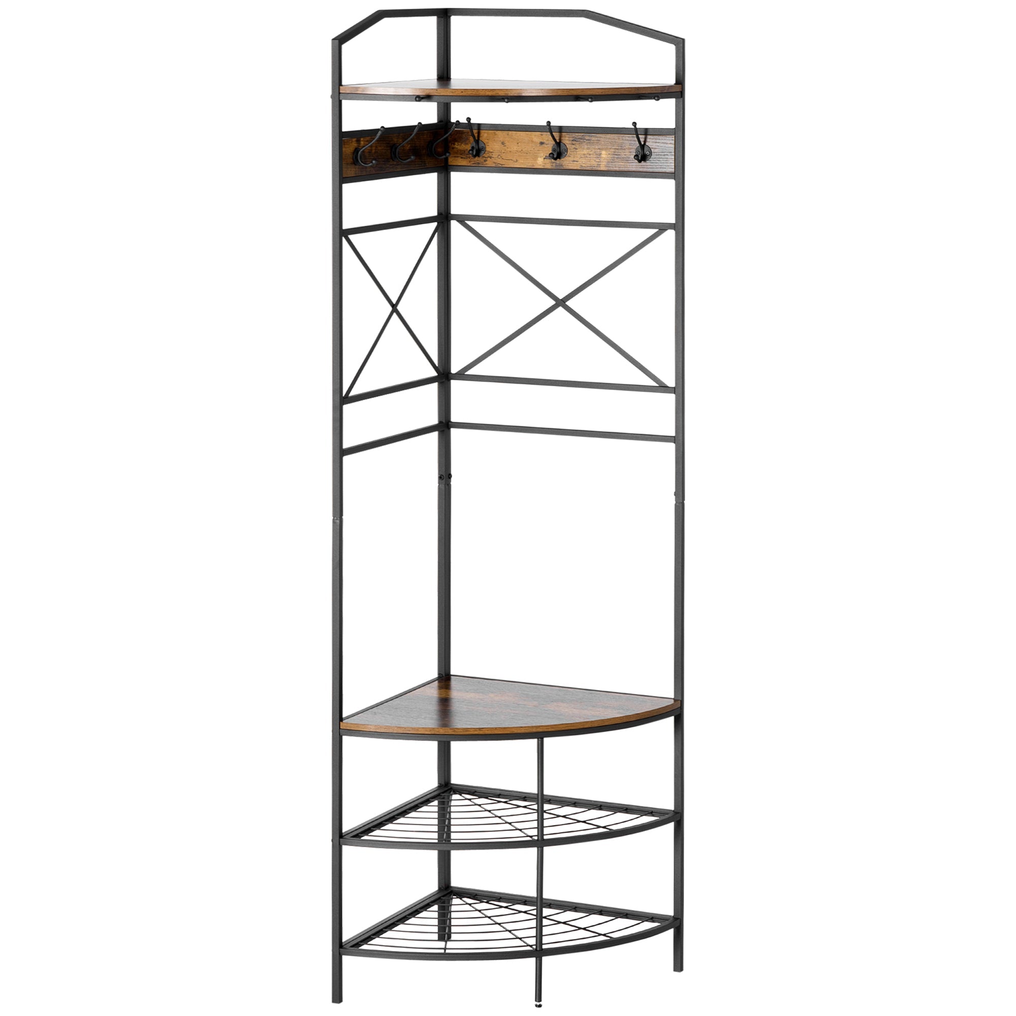 EasyComfort Appendiabiti da Terra Angolare with Panca e Scarpiera in Stile Industriale, 50x50x183cm, Marrone