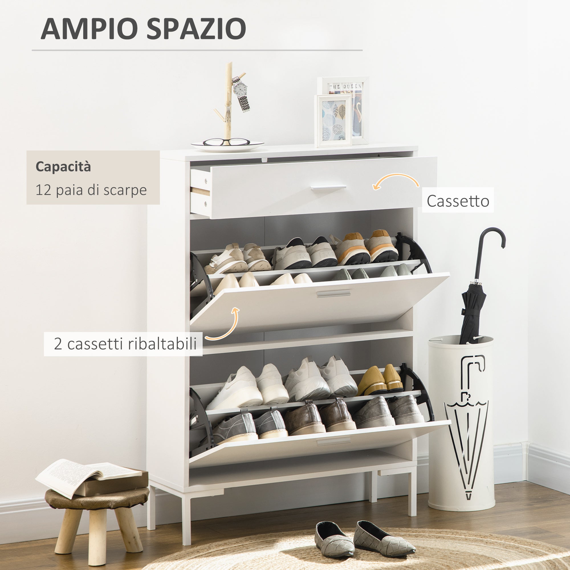 Easycomfort Mobile Scarpiera Moderno per 12 Paia di Scarpe with 2 Ante a Ribalta e Cassetto, 76x26x110 cm, white
