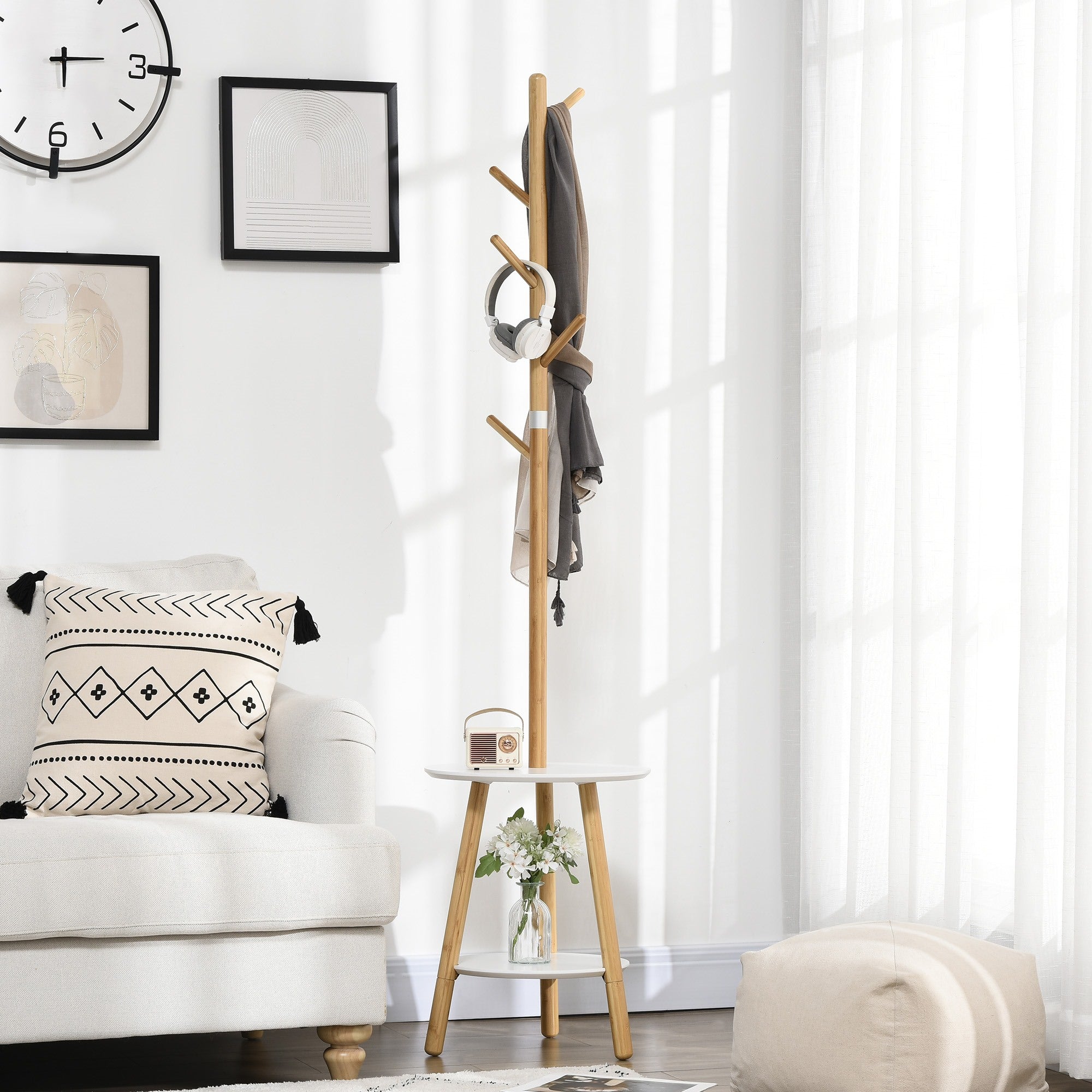 EasyComfort staande kapstok met tafeltje, 5 bamboe haken, 39.5x39.5x171 cm
