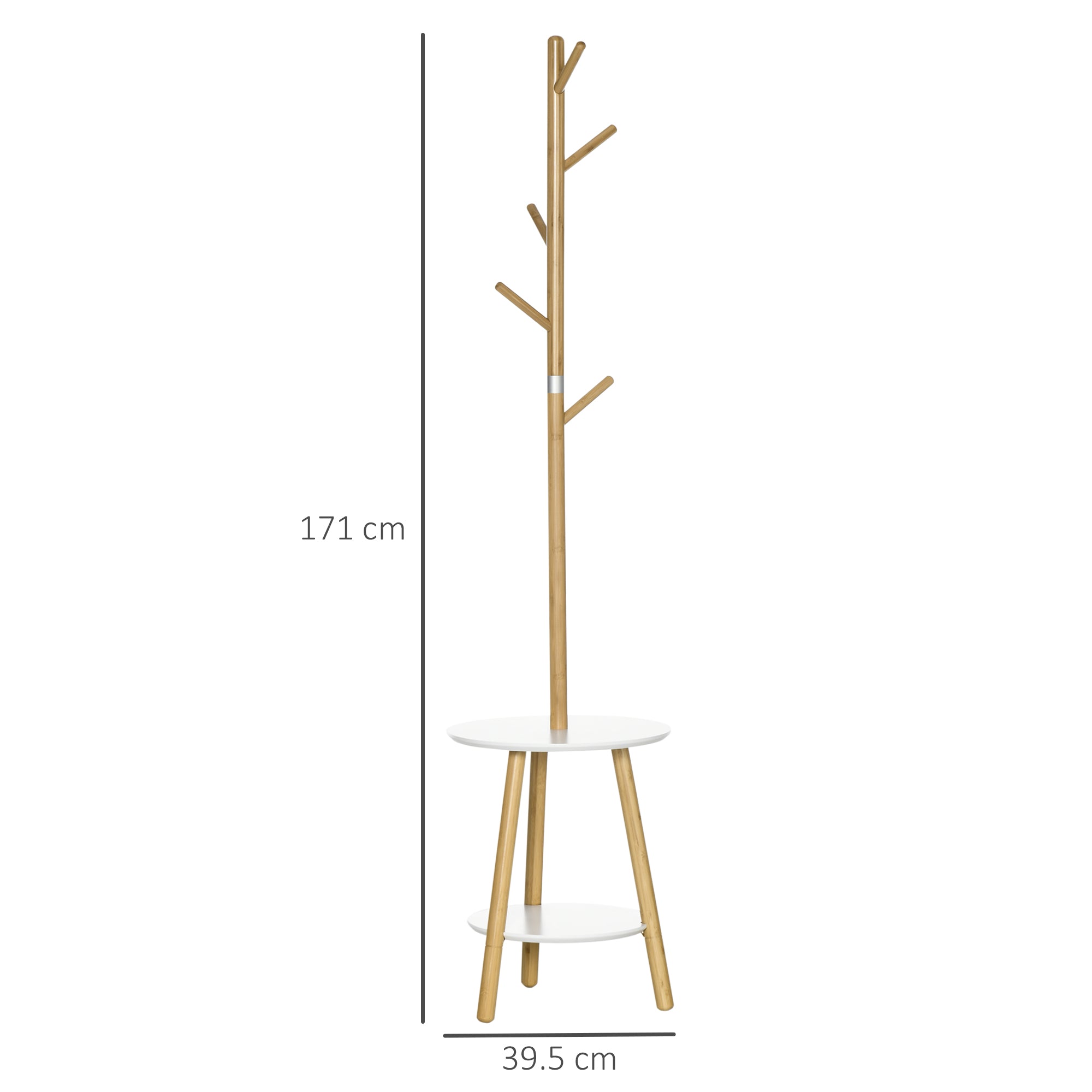 EasyComfort staande kapstok met tafeltje, 5 bamboe haken, 39.5x39.5x171 cm