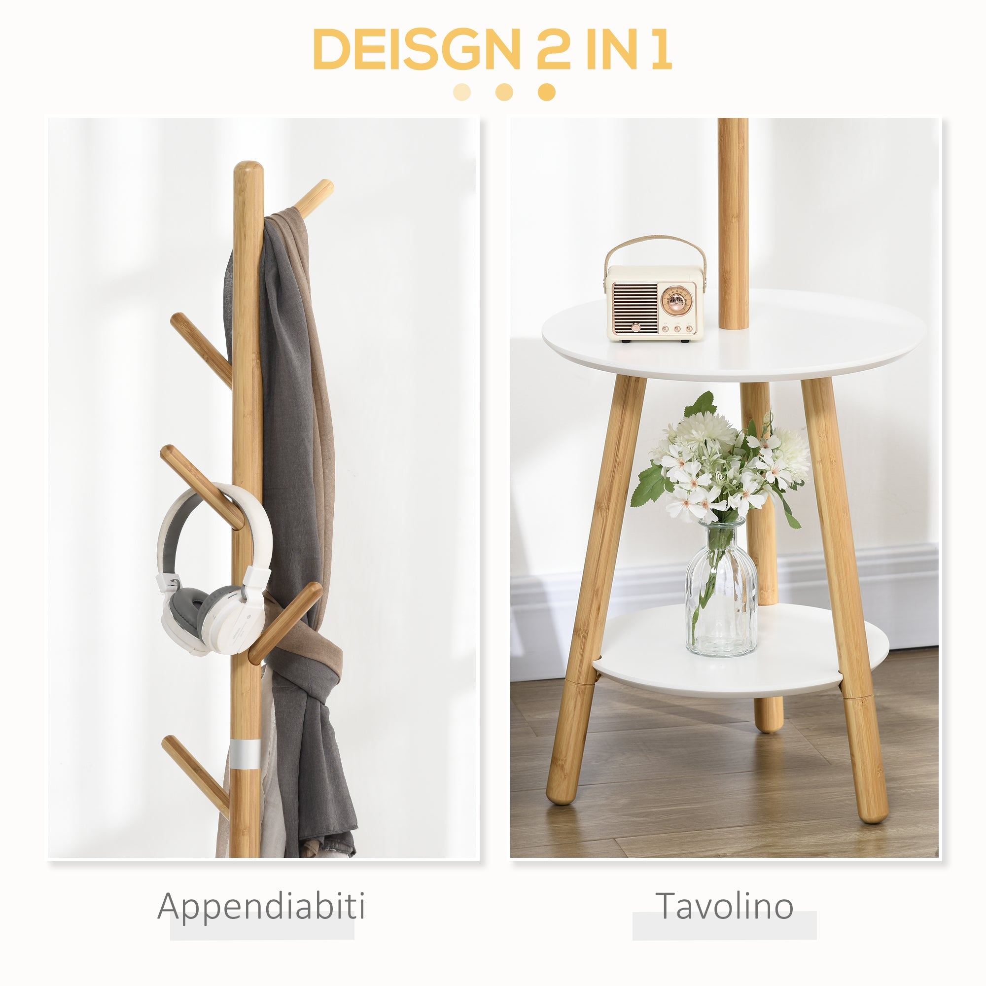 EasyComfort staande kapstok met tafeltje, 5 bamboe haken, 39.5x39.5x171 cm