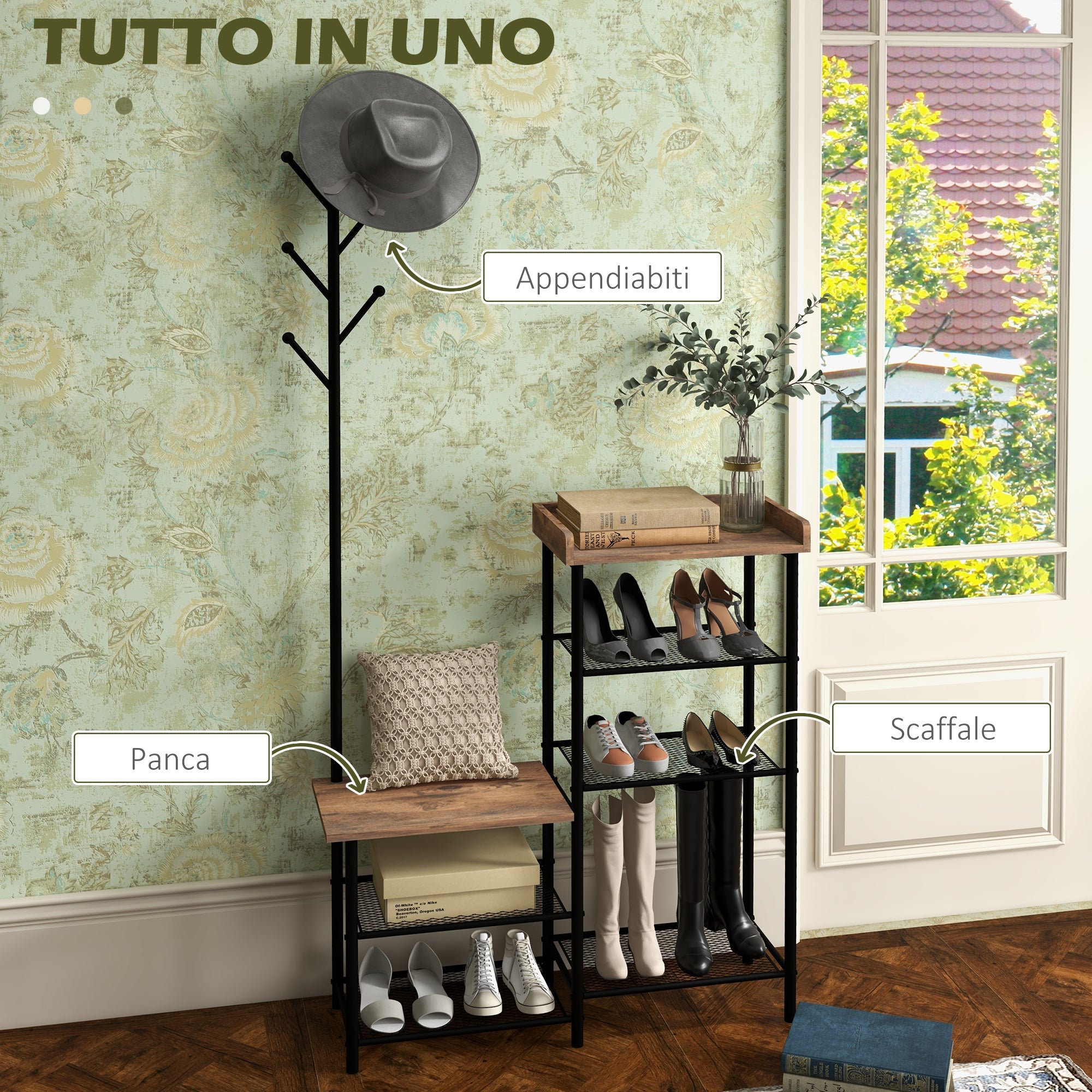 Easycomfort Appendiabiti da Terra a 6 Ganci in Truciolato e Acciaio with Mobile Scarpiera Portaoggetti, 92.5x28.2x182 cm