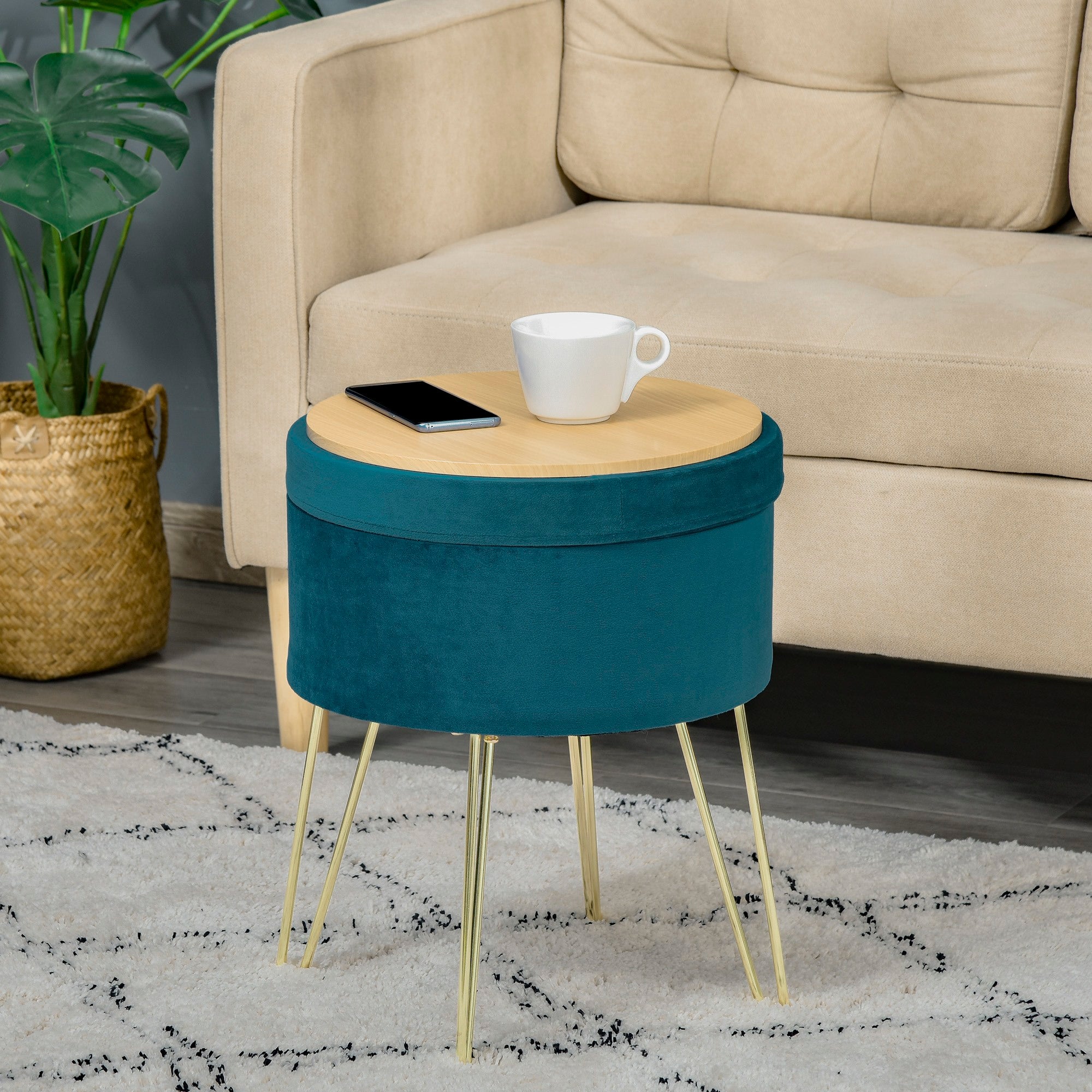 Easycomfort Pouf Contenitore 2 in 1 with Funzione Sgabello e Tavolino, in Legno e Tessuto Verde, Metallo with Finitura Oro, 36x36x45cm