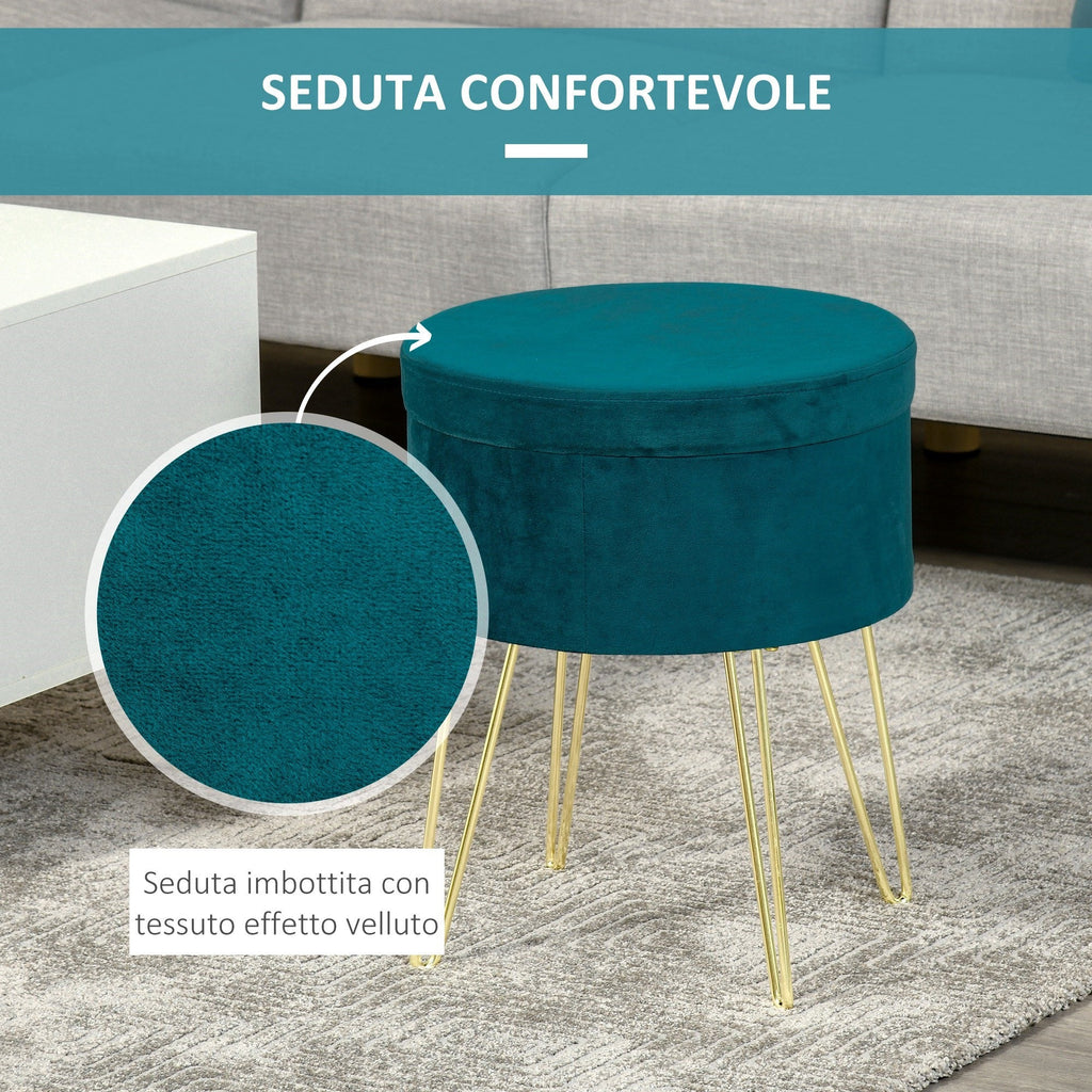 Easycomfort Pouf Contenitore 2 in 1 with Funzione Sgabello e Tavolino, in Legno e Tessuto Verde, Metallo with Finitura Oro, 36x36x45cm