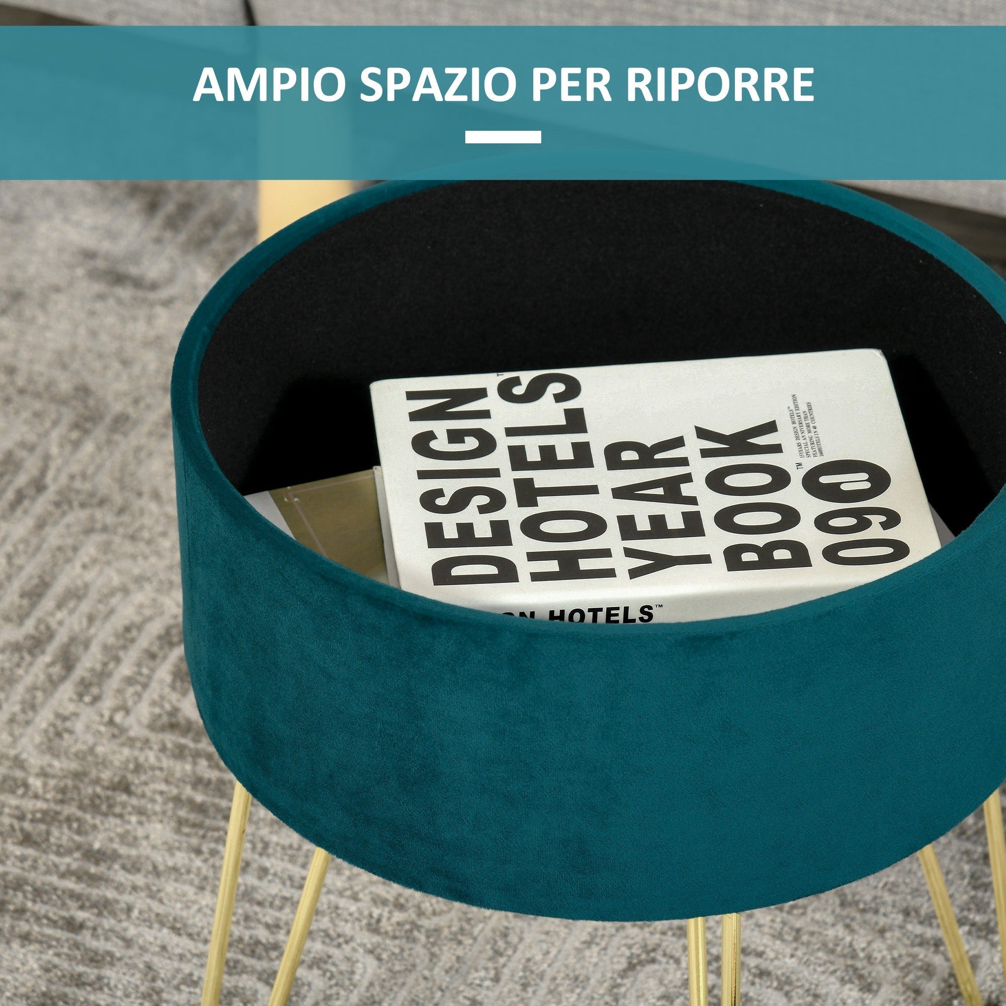 Easycomfort Pouf Contenitore 2 in 1 with Funzione Sgabello e Tavolino, in Legno e Tessuto Verde, Metallo with Finitura Oro, 36x36x45cm