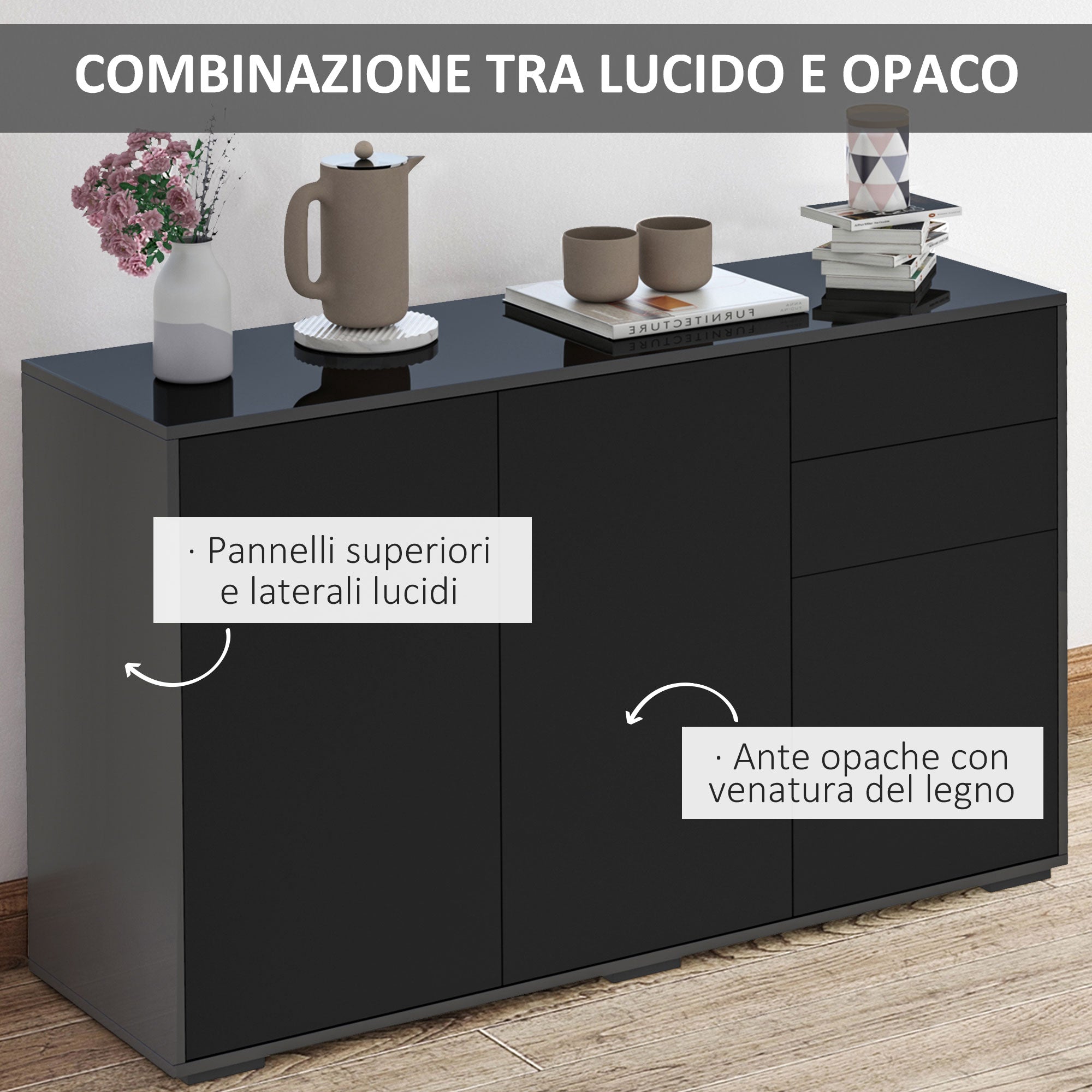 EasyComfort Mobiletto Multiuso opbergkast 117x36x74 cm - 2 lades, 2 deuren, zwart
