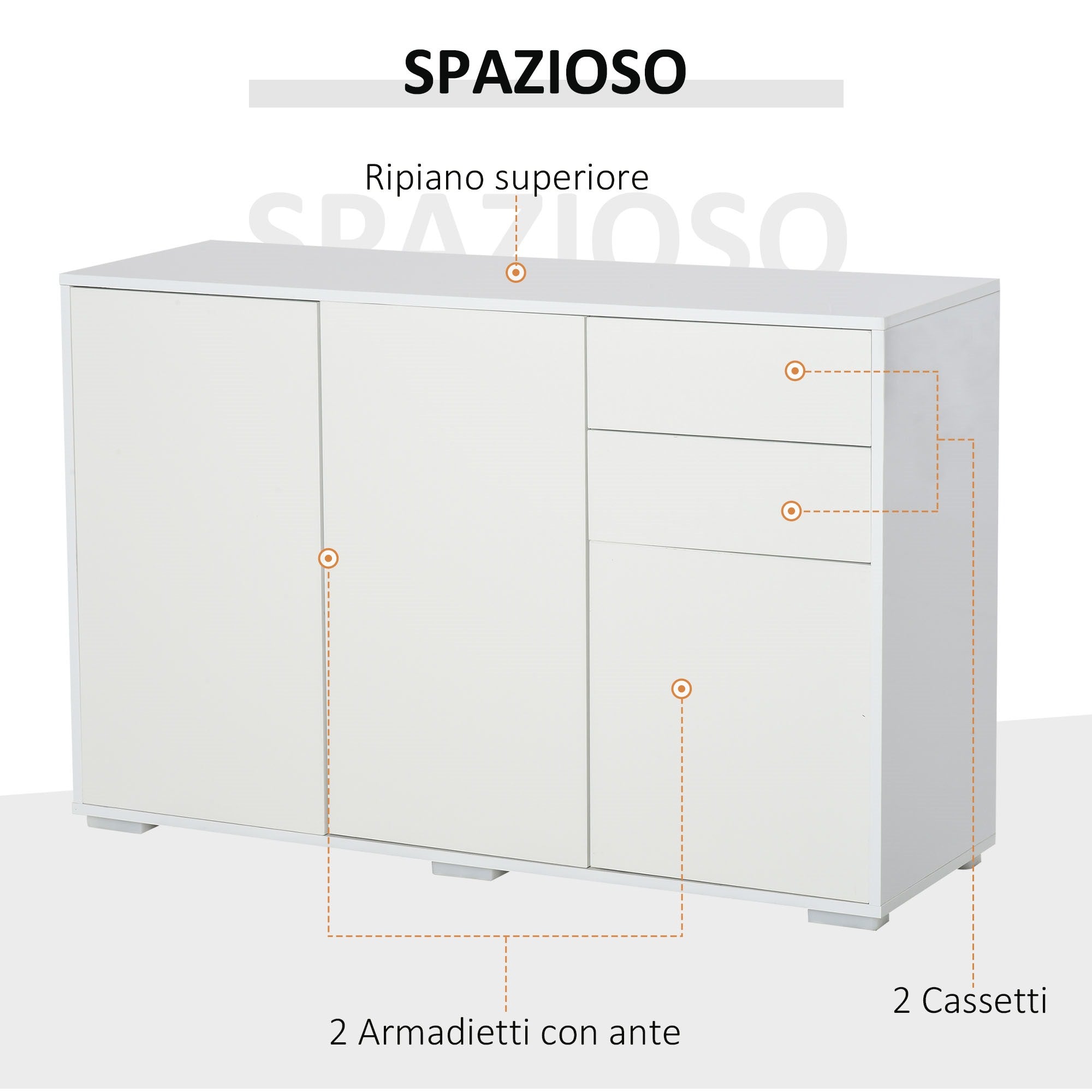 Easycomfort Mobiletto Multiuso in Legno white with 2 Cassetti e 2 Armadietti with Apertura a Pressione, 117x36x74 cm