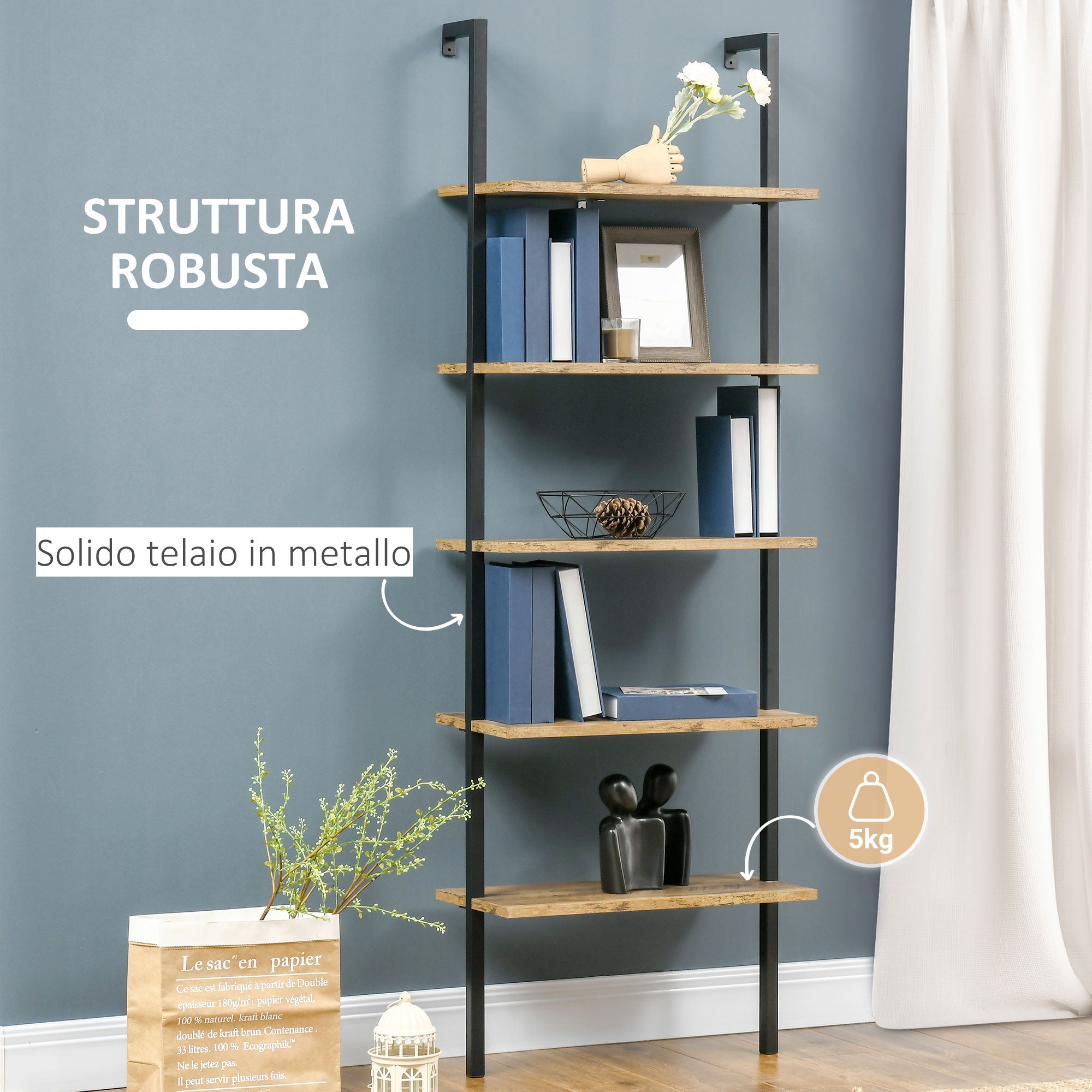 EasyComfort industriële boekenkast met 5 planken 60x30x184,5 cm bruin