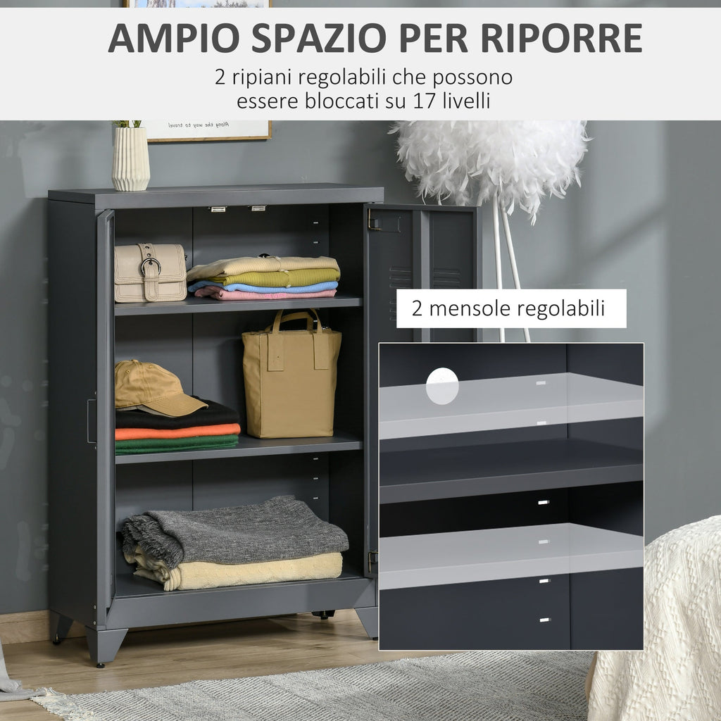 Easycomfort Mobiletto Multiuso 2 Ante Stile Industriale in Metallo per Casa e Garage, 75x33x110cm, Grigio