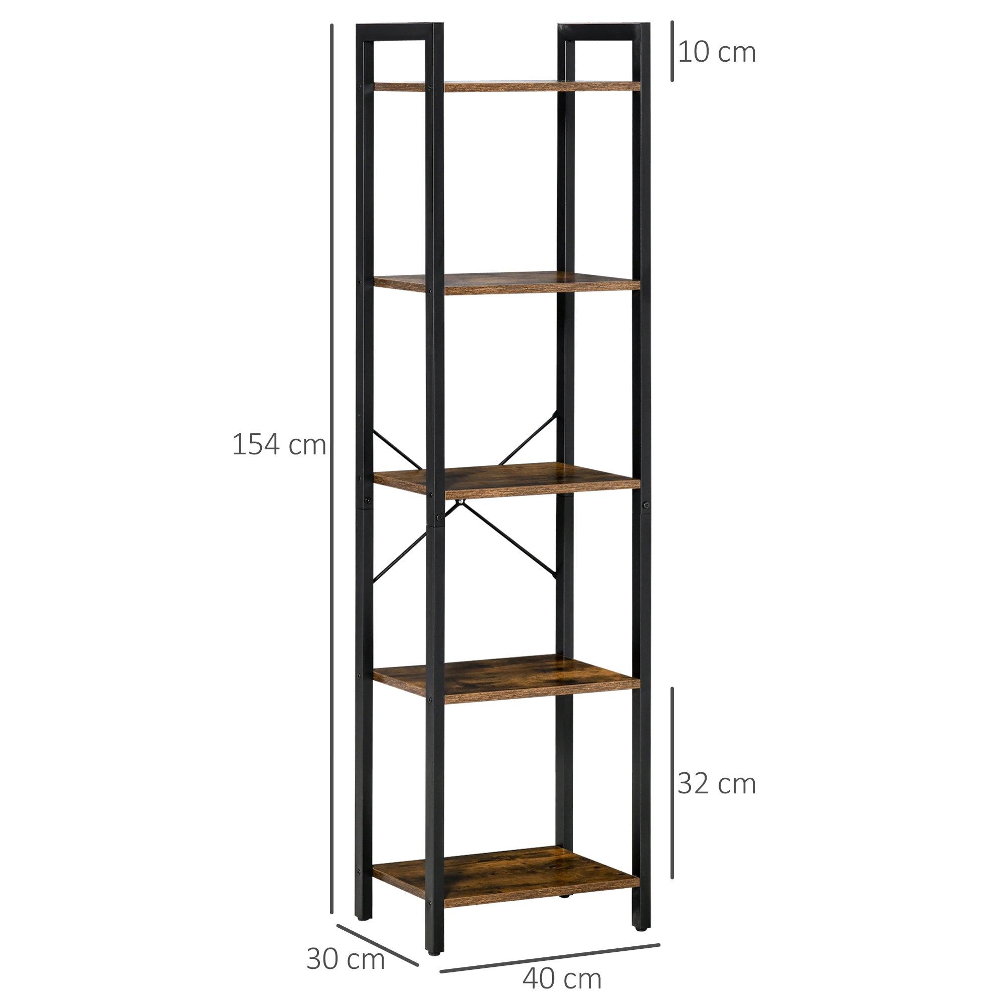 Easycomfort Libreria Stile Industriale a 5 Scaffali in Legno e Acciaio, 40x30x154cm, Marrone Rustico