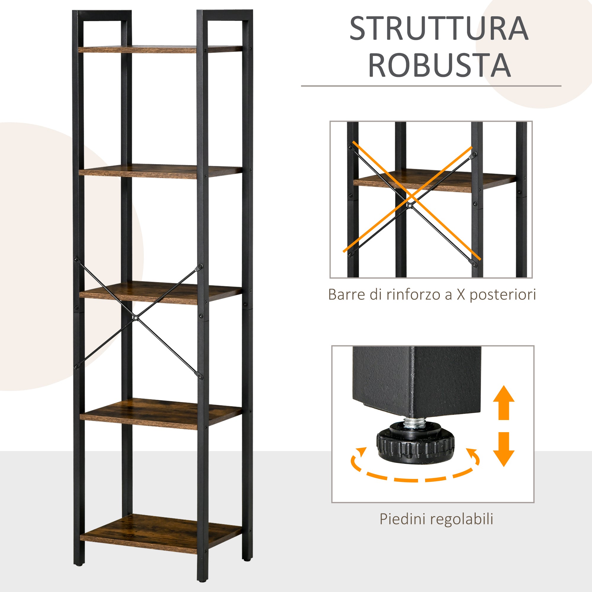 Easycomfort Libreria Stile Industriale a 5 Scaffali in Legno e Acciaio, 40x30x154cm, Marrone Rustico