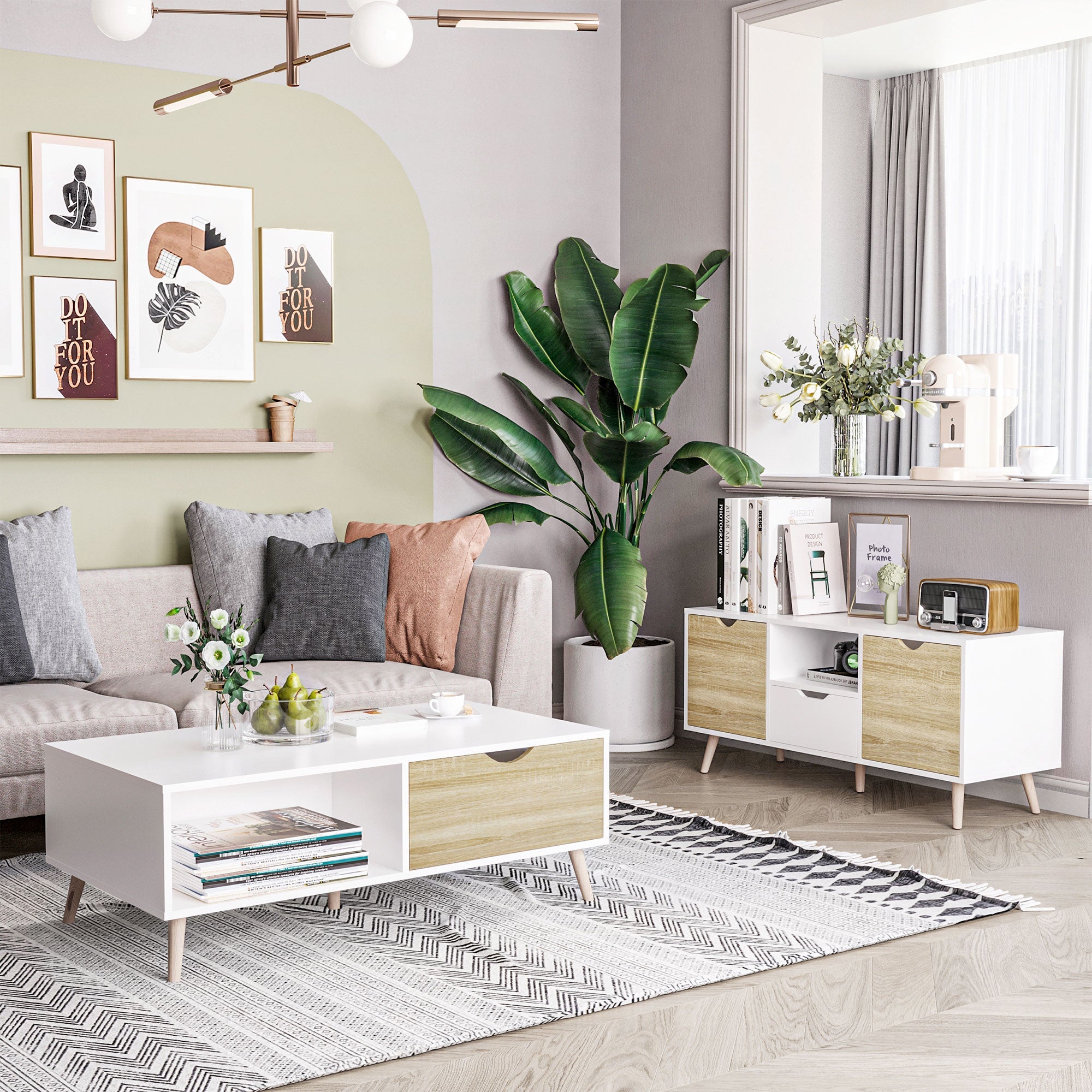 EasyComfort tv-meubel 110x40x50 cm, wit/houtkleur, tot 50 inch