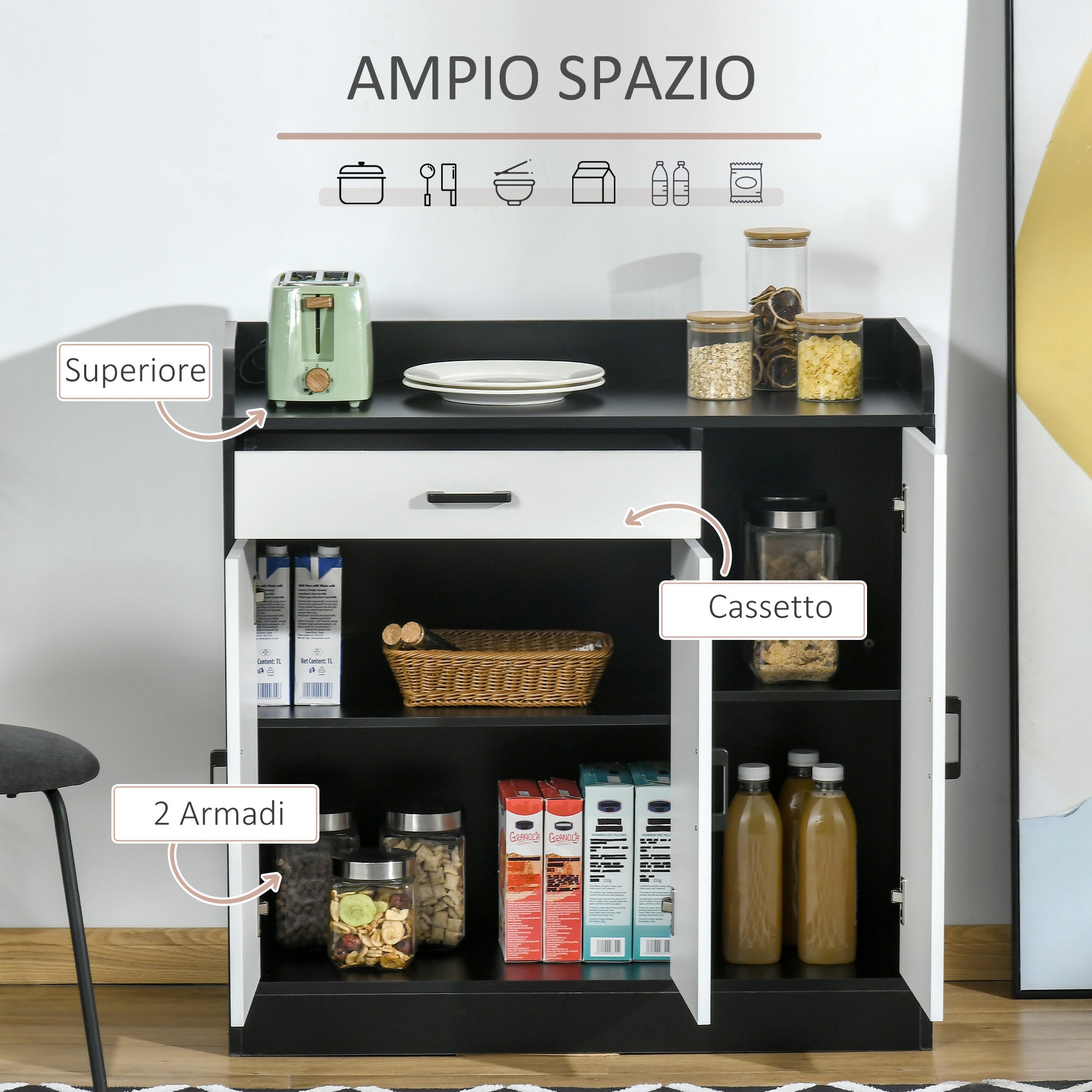 Easycomfort Mobiletto da Cucina Moderno in MDF with 2 Armadietti, 1 Cassetto e Ripiani Regolabili, 90x40x90 cm