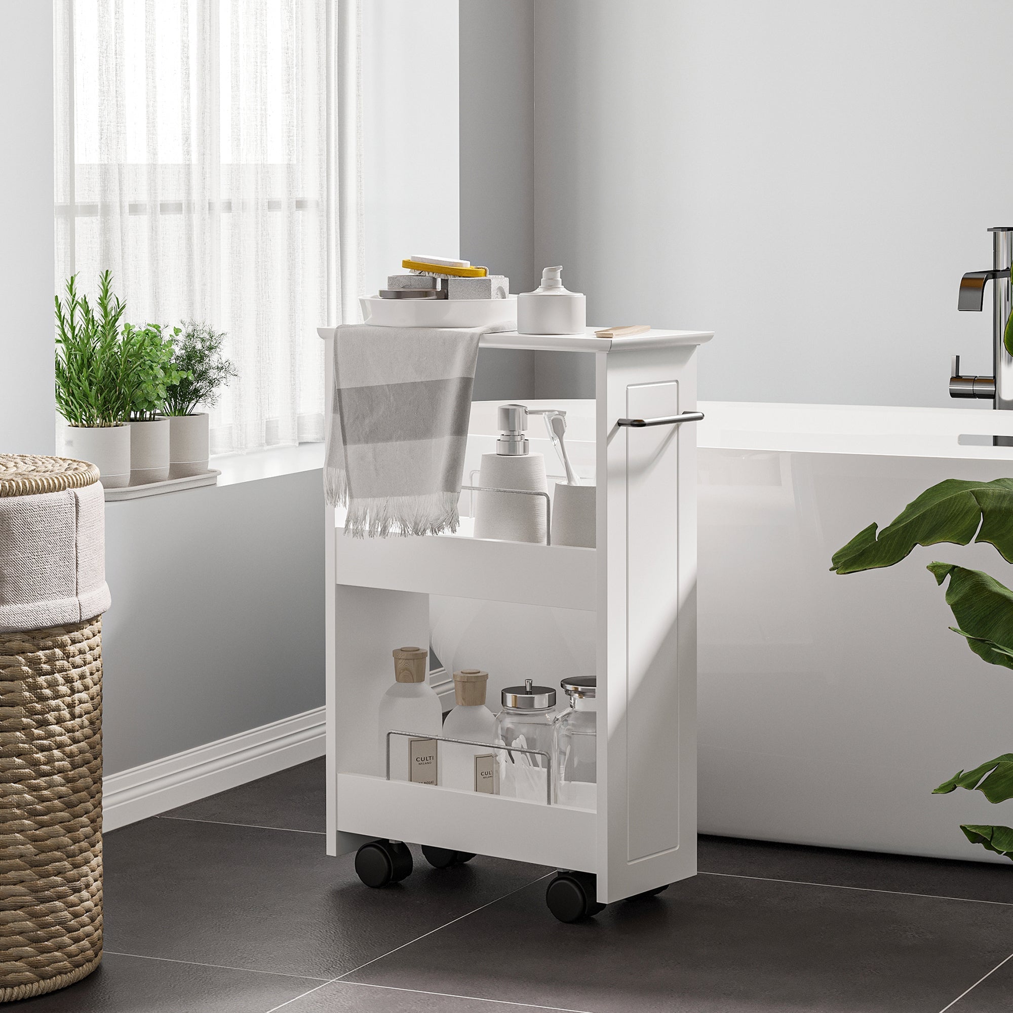 Easycomfort Carrello Salvaspazio Multiuso in Legno MDF e Ruote, 42.5x20.3x66.7cm, white