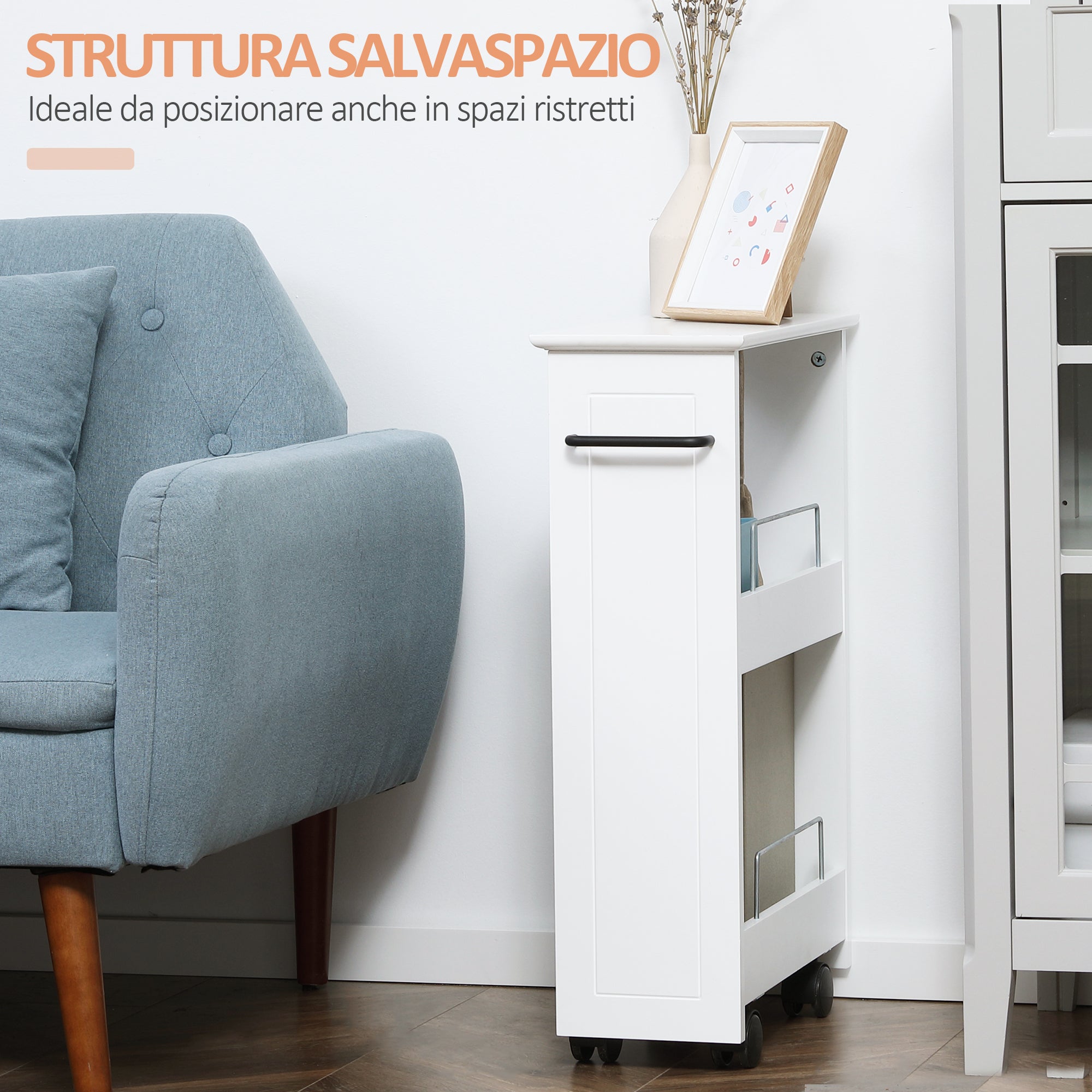 Easycomfort Carrello Salvaspazio Multiuso in Legno MDF e Ruote, 42.5x20.3x66.7cm, white