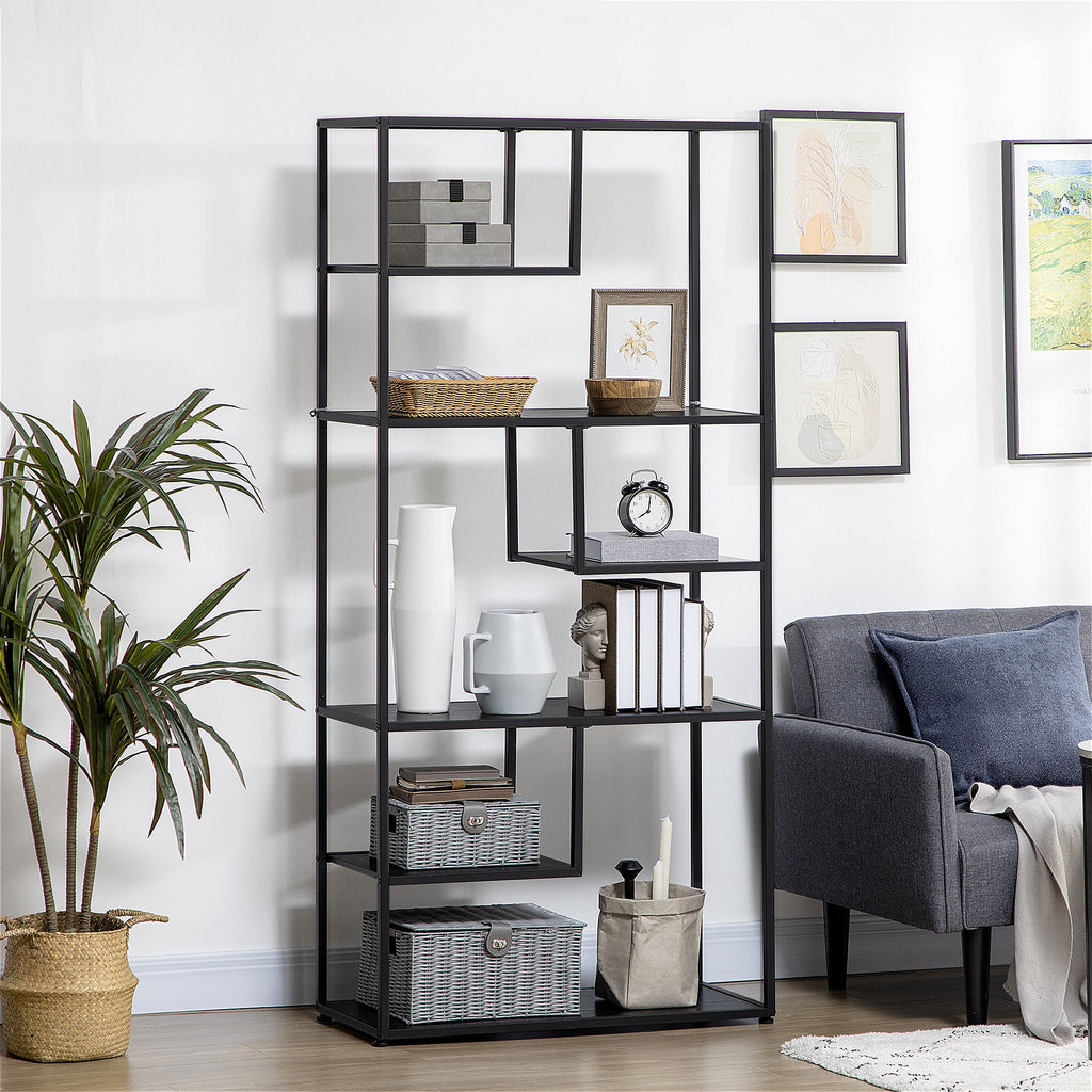 Easycomfort Mobile Libreria a 7 Livelli in Truciolato e Acciaio per Soggiorno, Camera da Letto e Ufficio, 83x34x180 cm, black