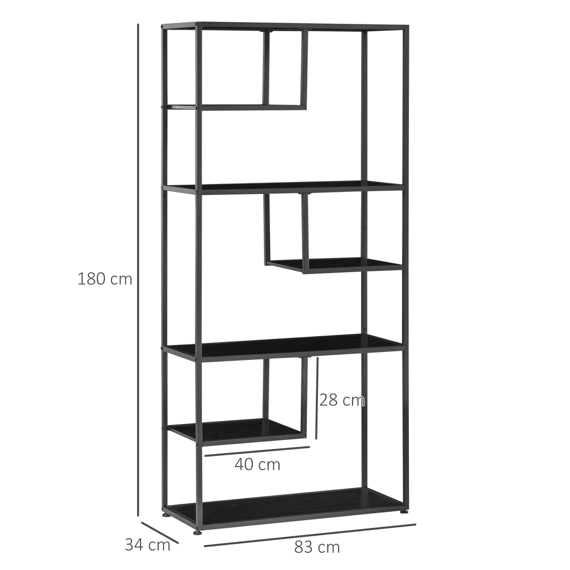 Easycomfort Mobile Libreria a 7 Livelli in Truciolato e Acciaio per Soggiorno, Camera da Letto e Ufficio, 83x34x180 cm, black