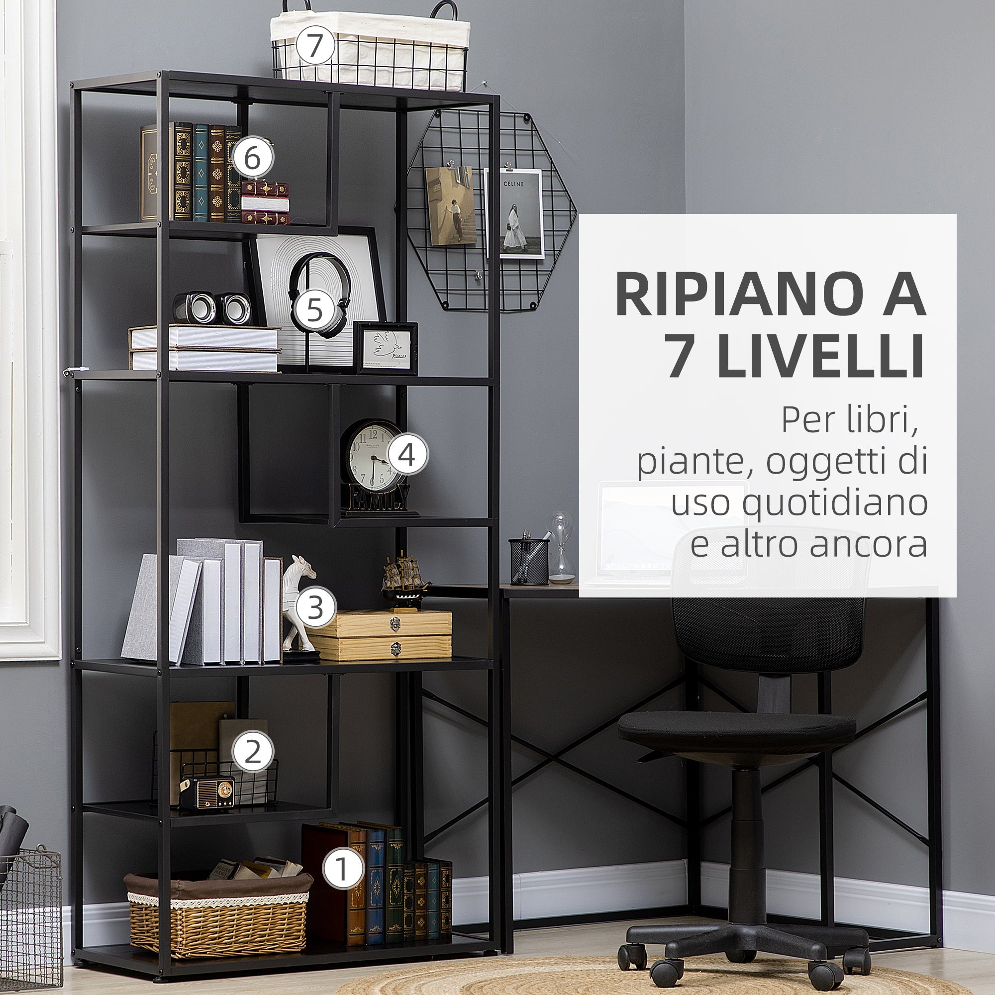 Easycomfort Mobile Libreria a 7 Livelli in Truciolato e Acciaio per Soggiorno, Camera da Letto e Ufficio, 83x34x180 cm, black