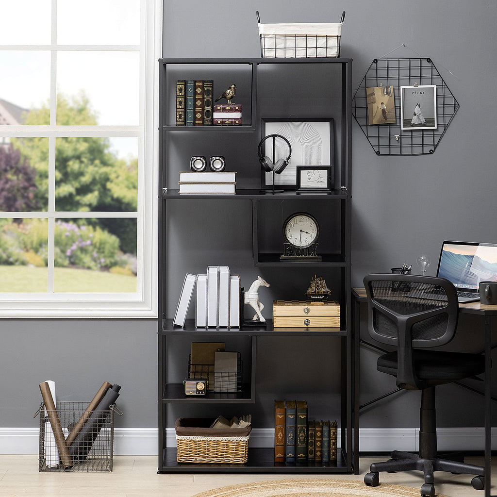 Easycomfort Mobile Libreria a 7 Livelli in Truciolato e Acciaio per Soggiorno, Camera da Letto e Ufficio, 83x34x180 cm, black