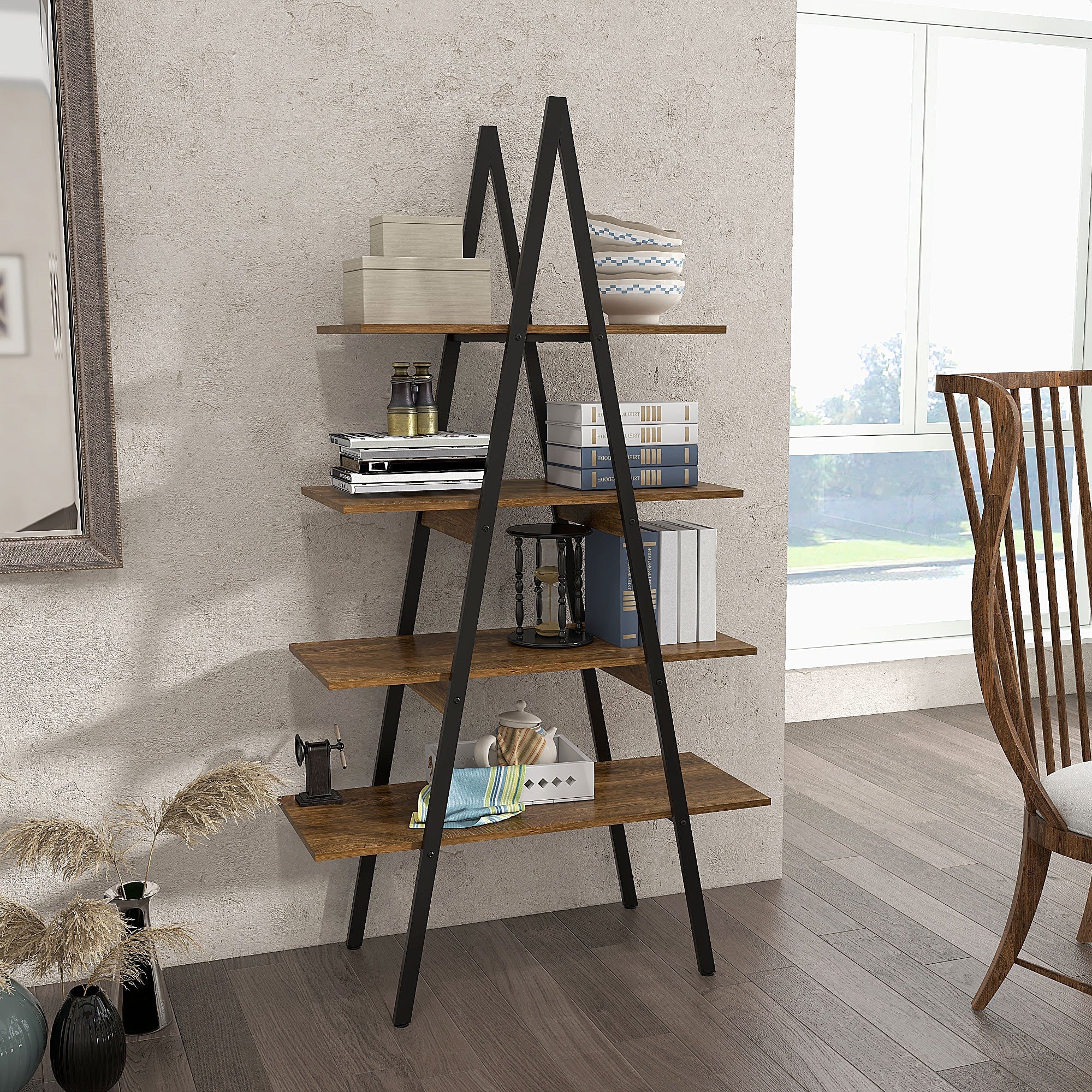 Easycomfort Scaffale Libreria 4 Livelli in Truciolato e Acciaio ad A