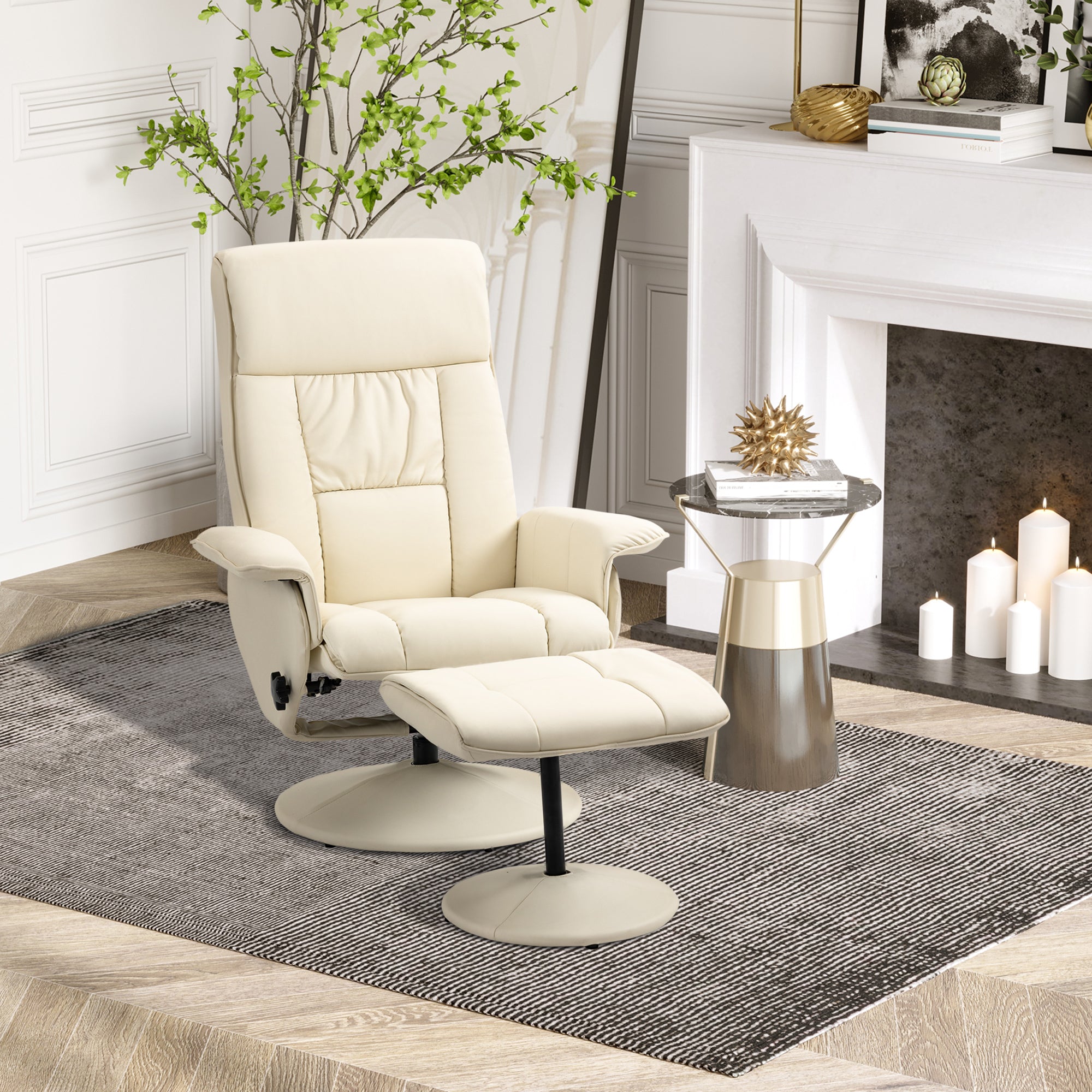 Easycomfort Poltrona Relax Reclinabile fino 135° with Seduta Girevole e Pouf Poggiapiedi, 78x84x110cm, Crema