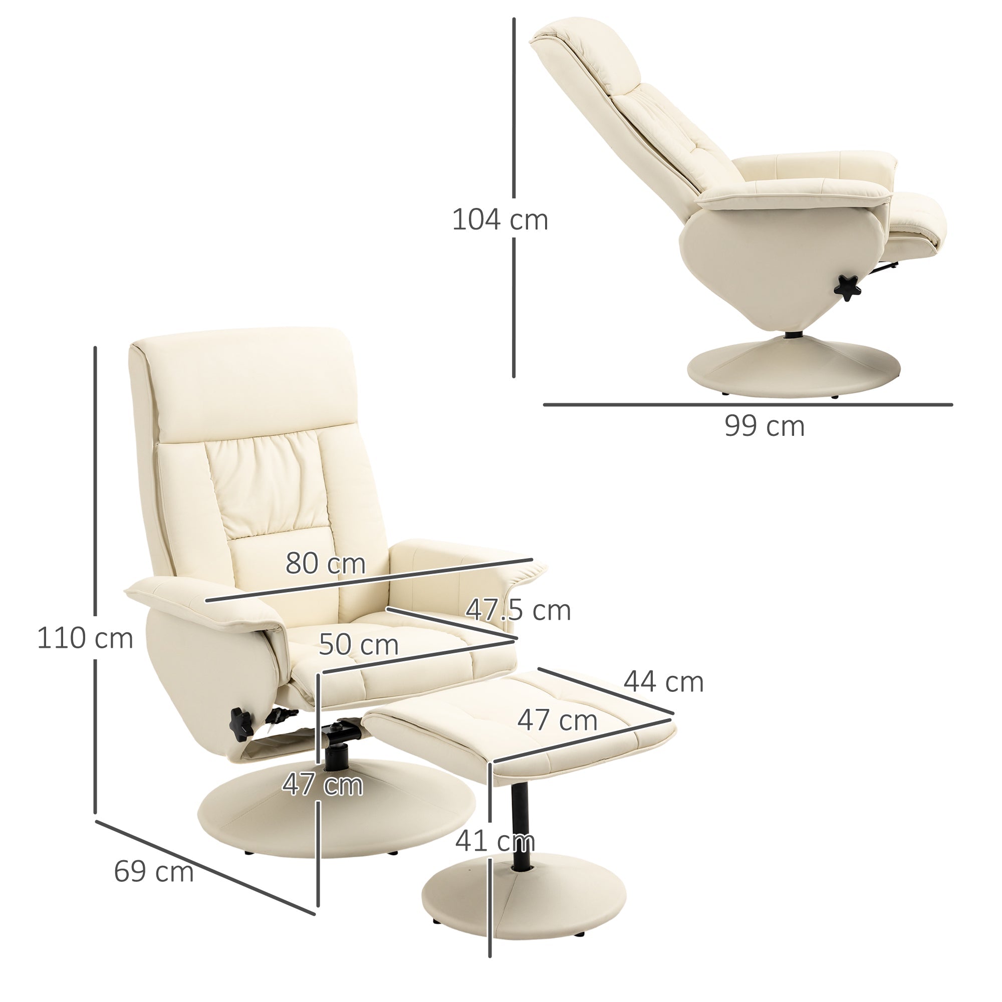 Easycomfort Poltrona Relax Reclinabile fino 135° with Seduta Girevole e Pouf Poggiapiedi, 78x84x110cm, Crema