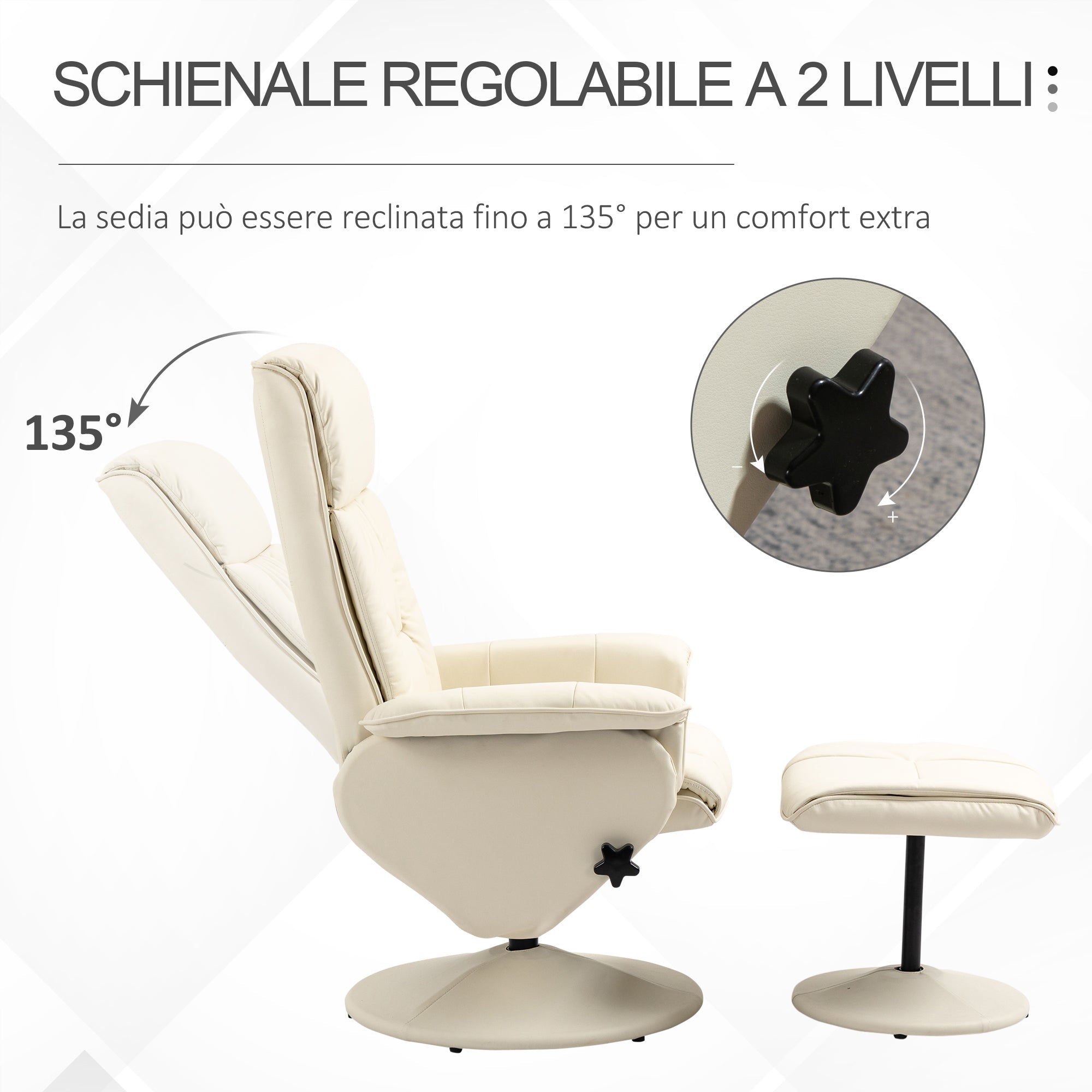 Easycomfort Poltrona Relax Reclinabile fino 135° with Seduta Girevole e Pouf Poggiapiedi, 78x84x110cm, Crema