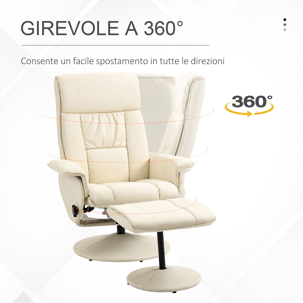 Easycomfort Poltrona Relax Reclinabile fino 135° with Seduta Girevole e Pouf Poggiapiedi, 78x84x110cm, Crema