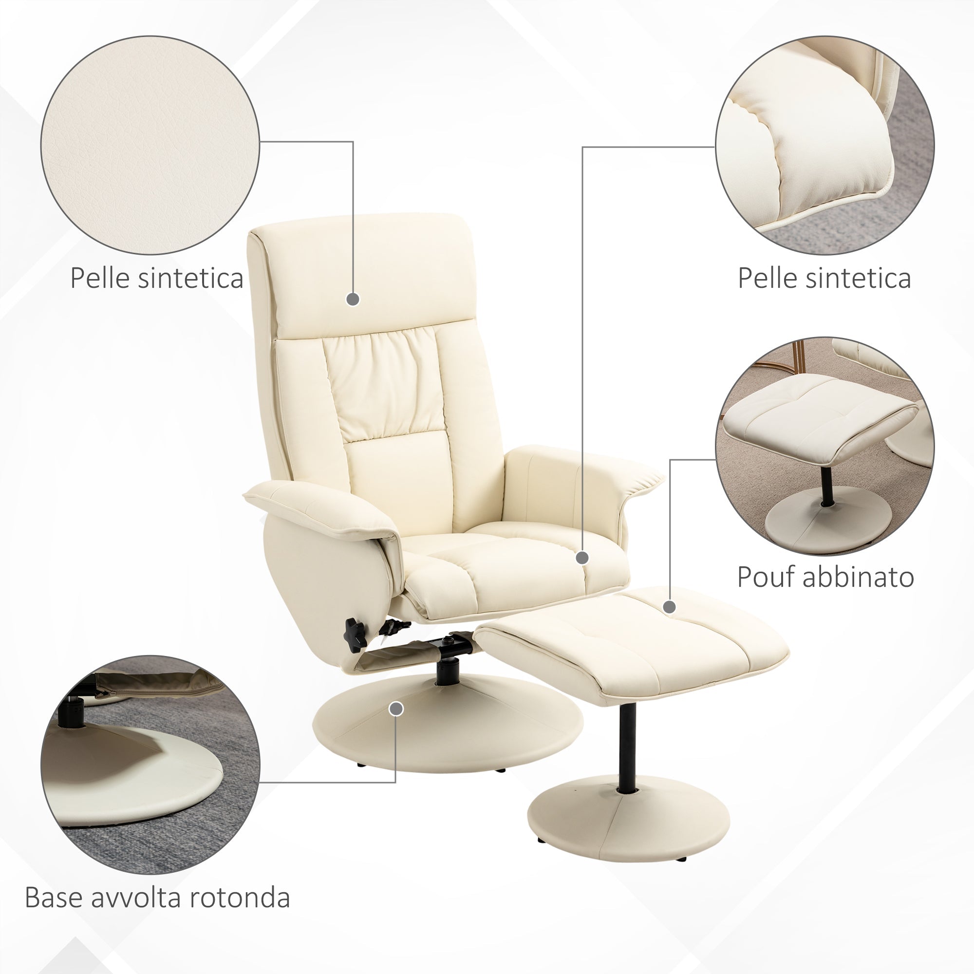 Easycomfort Poltrona Relax Reclinabile fino 135° with Seduta Girevole e Pouf Poggiapiedi, 78x84x110cm, Crema