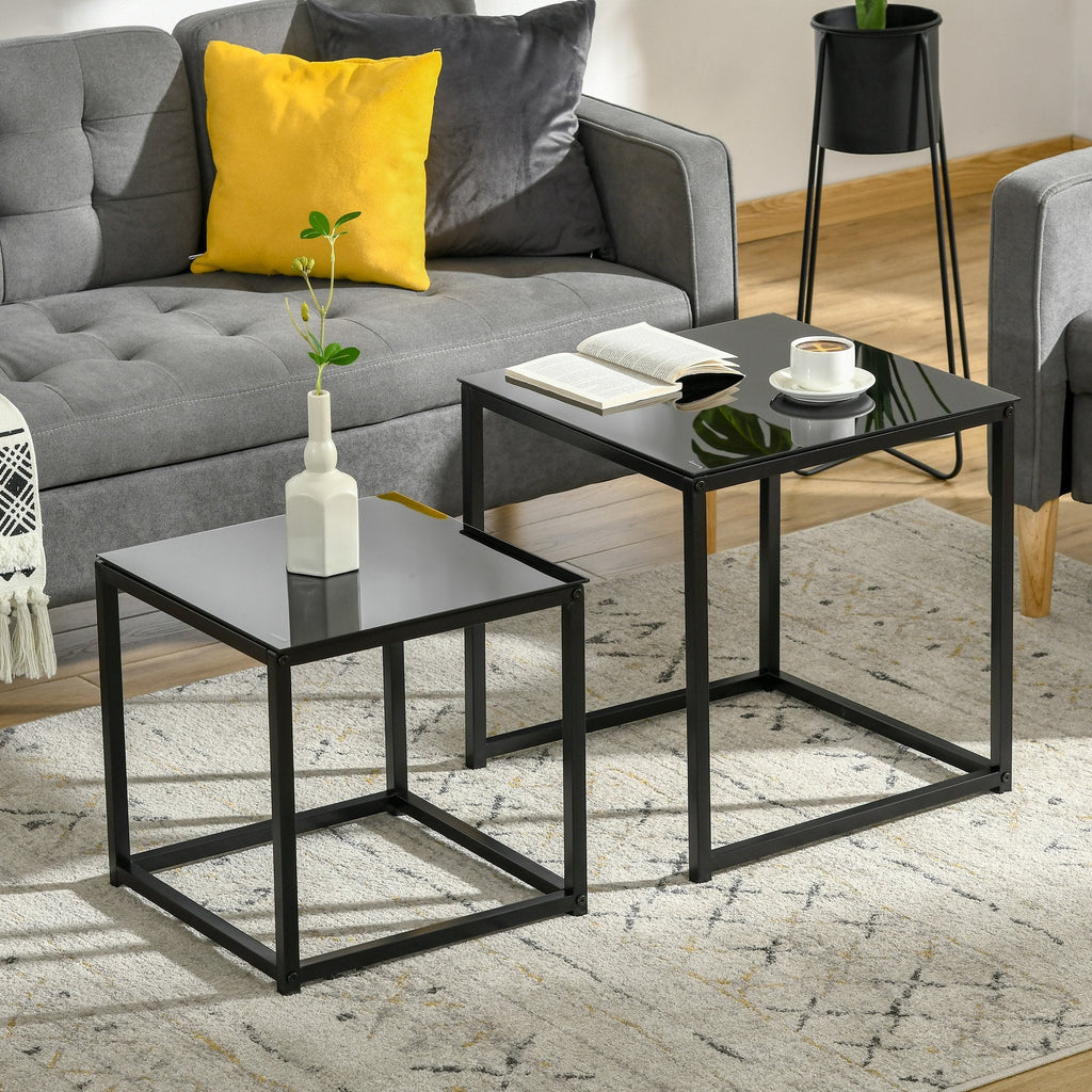 EasyComfort Set 2 Tavolini da Salotto Quadrati Moderni, in Acciaio e Vetro Temperato, black