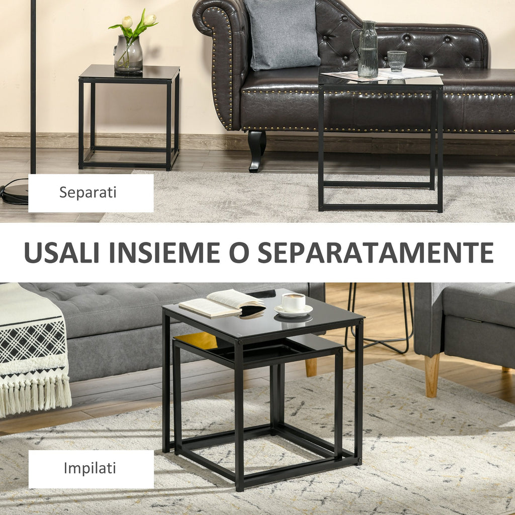 EasyComfort Set 2 Tavolini da Salotto Quadrati Moderni, in Acciaio e Vetro Temperato, black