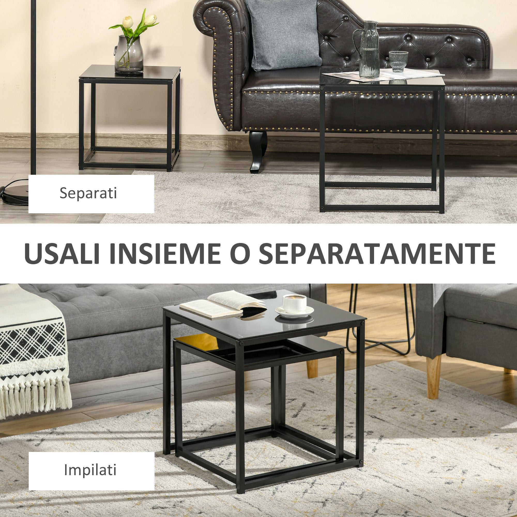 EasyComfort Set 2 Tavolini da Salotto Quadrati Moderni, in Acciaio e Vetro Temperato, black