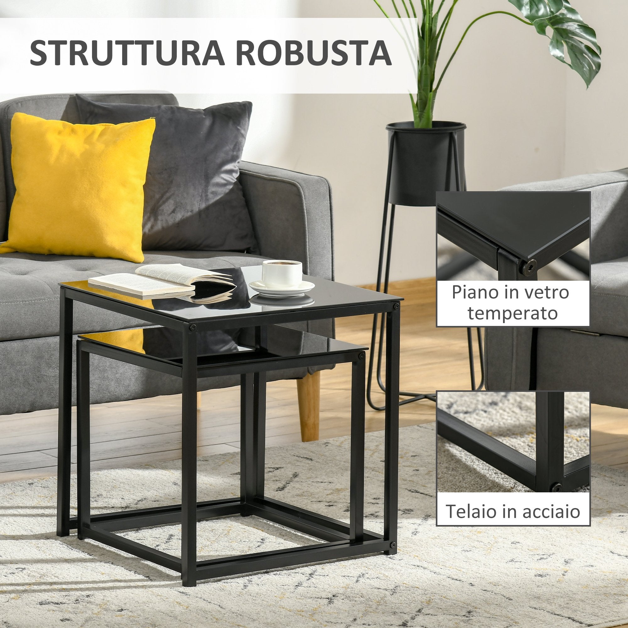 EasyComfort Set 2 Tavolini da Salotto Quadrati Moderni, in Acciaio e Vetro Temperato, black