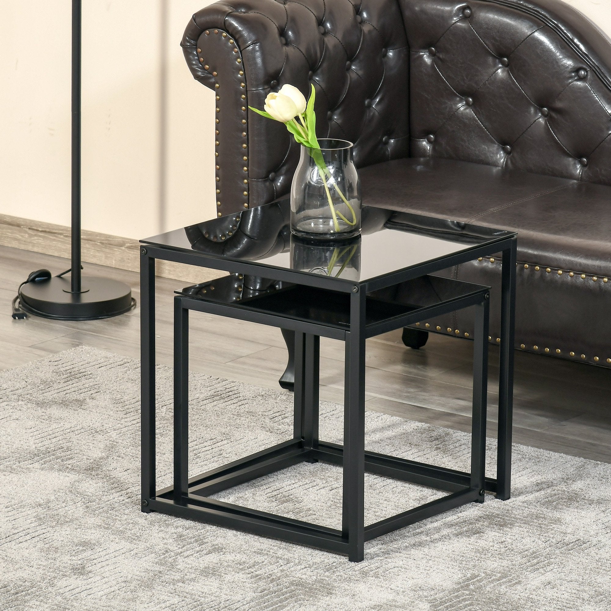 EasyComfort Set 2 Tavolini da Salotto Quadrati Moderni, in Acciaio e Vetro Temperato, black