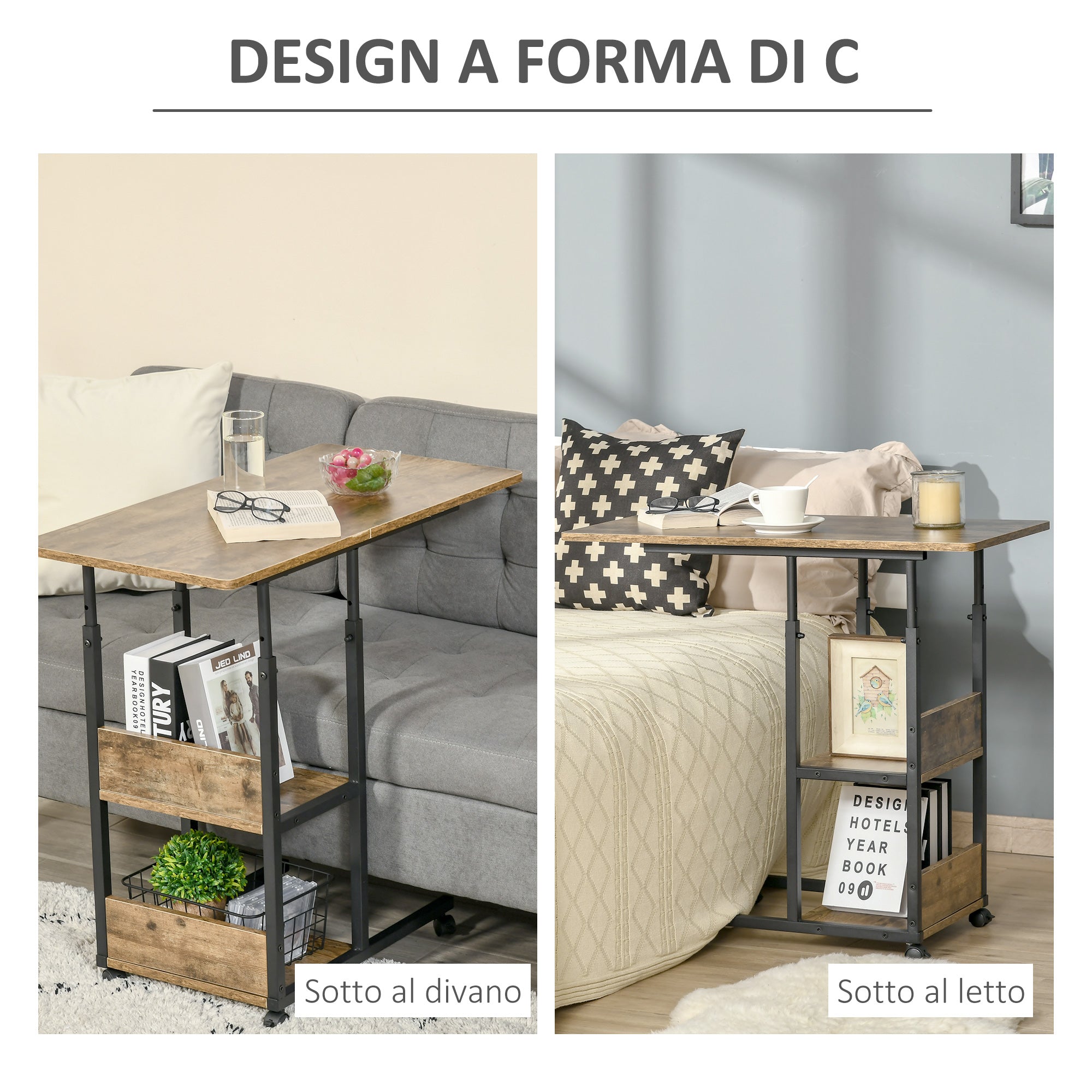 Easycomfort Tavolino da Salotto Stile Industriale, Altezza Regolabile e 4 Ruote with Freno, 80x40x60-75cm