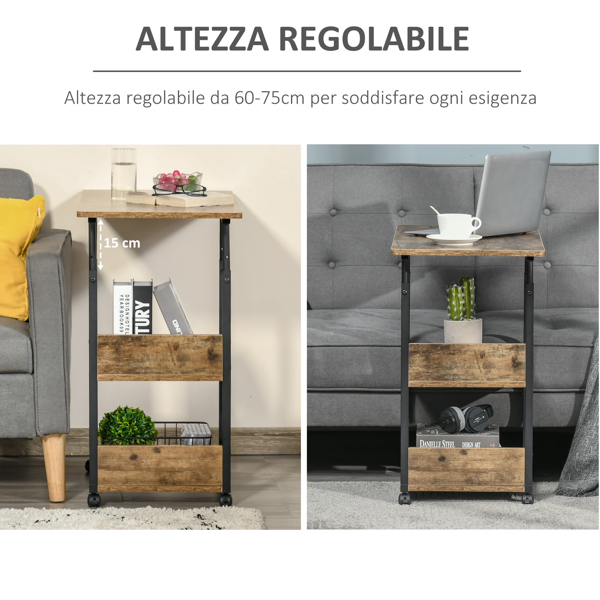 Easycomfort Tavolino da Salotto Stile Industriale, Altezza Regolabile e 4 Ruote with Freno, 80x40x60-75cm