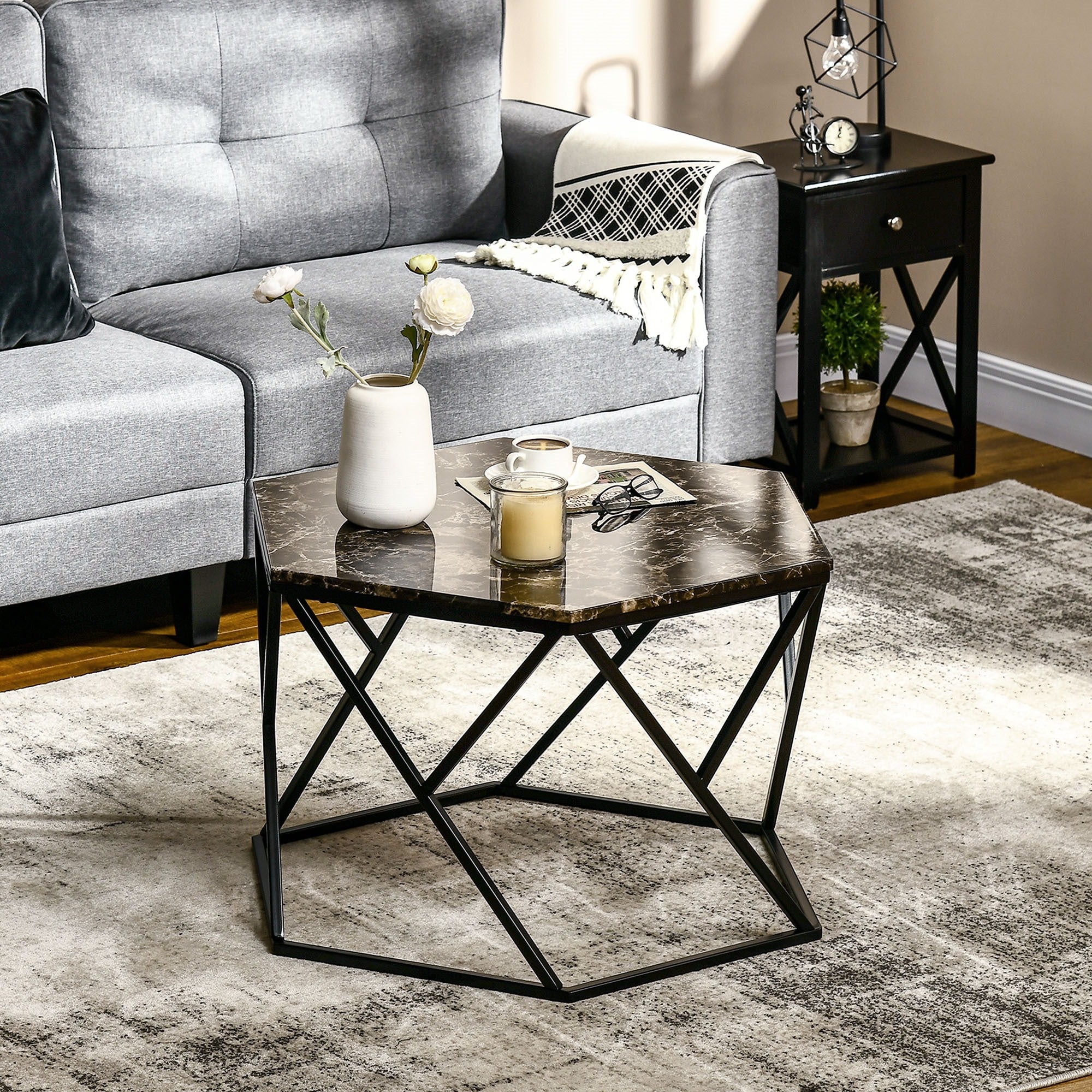 Easycomfort Tavolino da Salotto Moderno with Piano Effetto Marmo e Struttura in MDF e Acciaio, 81x70x51.2 cm, black