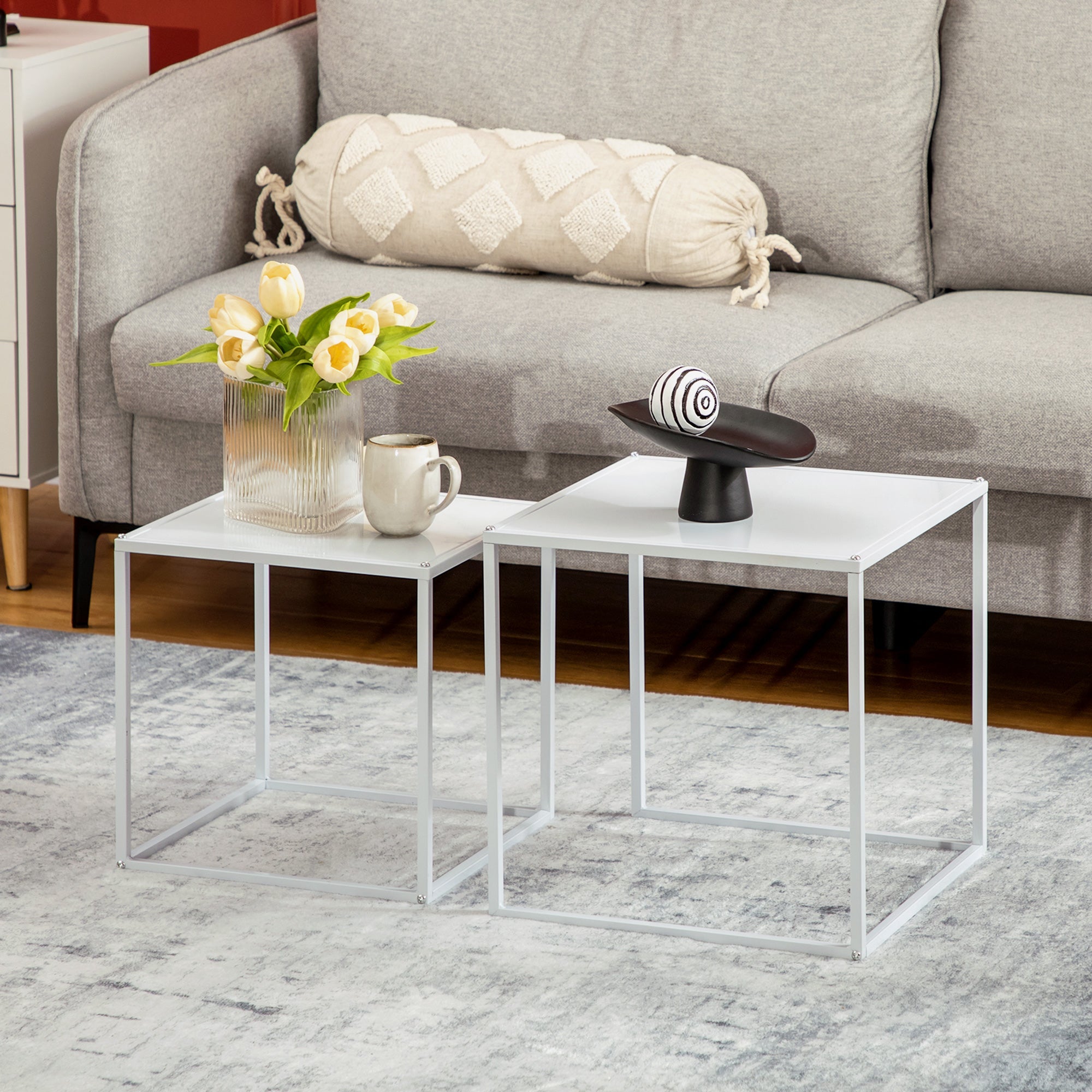 Easycomfort Set 2 Tavolini da Caffè Impilabili Quadrati in Acciaio, white