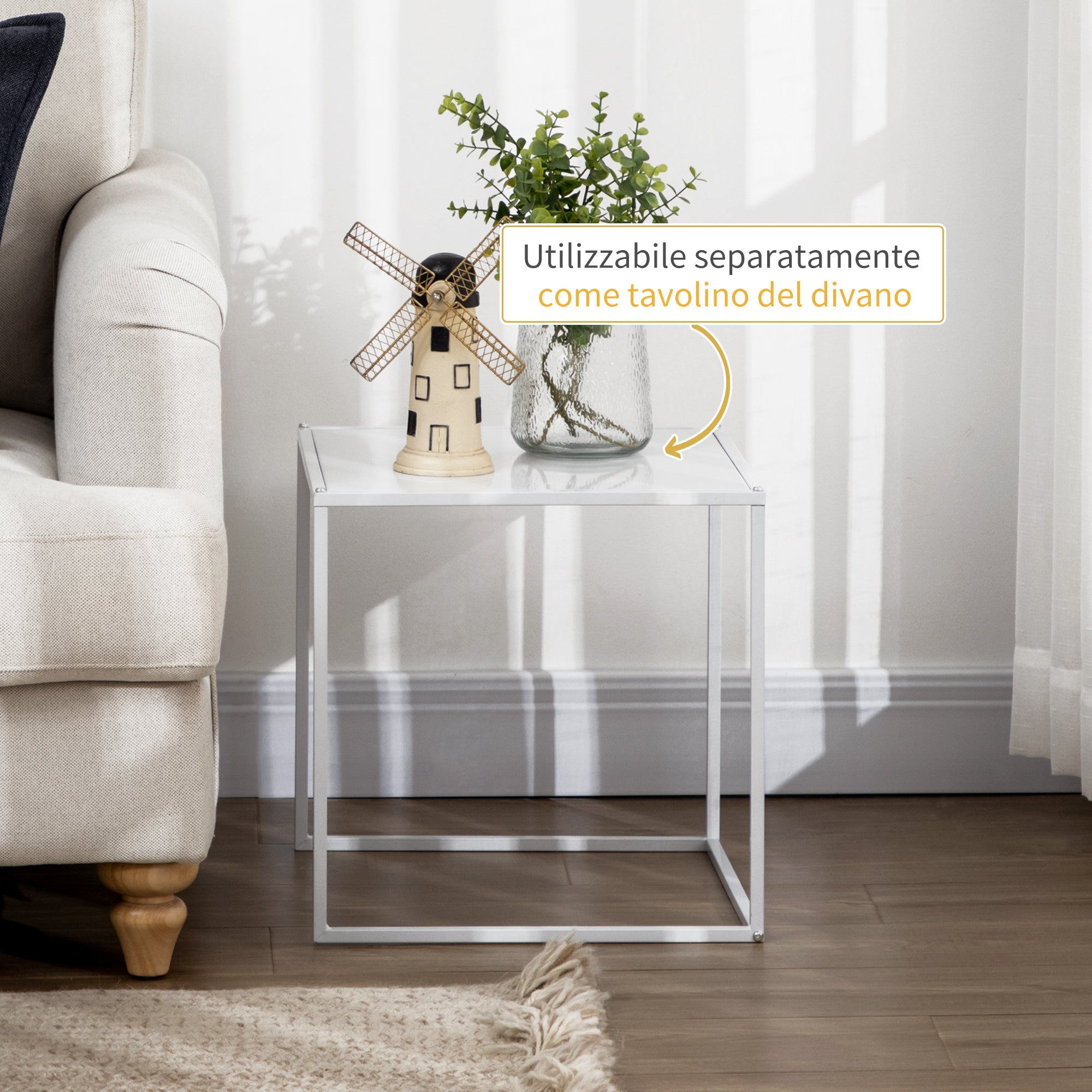 Easycomfort Set 2 Tavolini da Caffè Impilabili Quadrati in Acciaio, white
