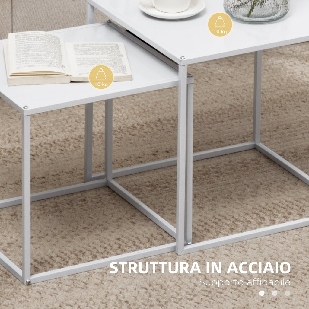 Easycomfort Set 2 Tavolini da Caffè Impilabili Quadrati in Acciaio, white
