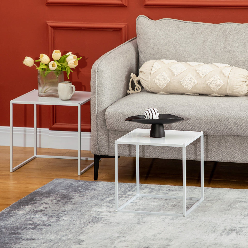 Easycomfort Set 2 Tavolini da Caffè Impilabili Quadrati in Acciaio, white