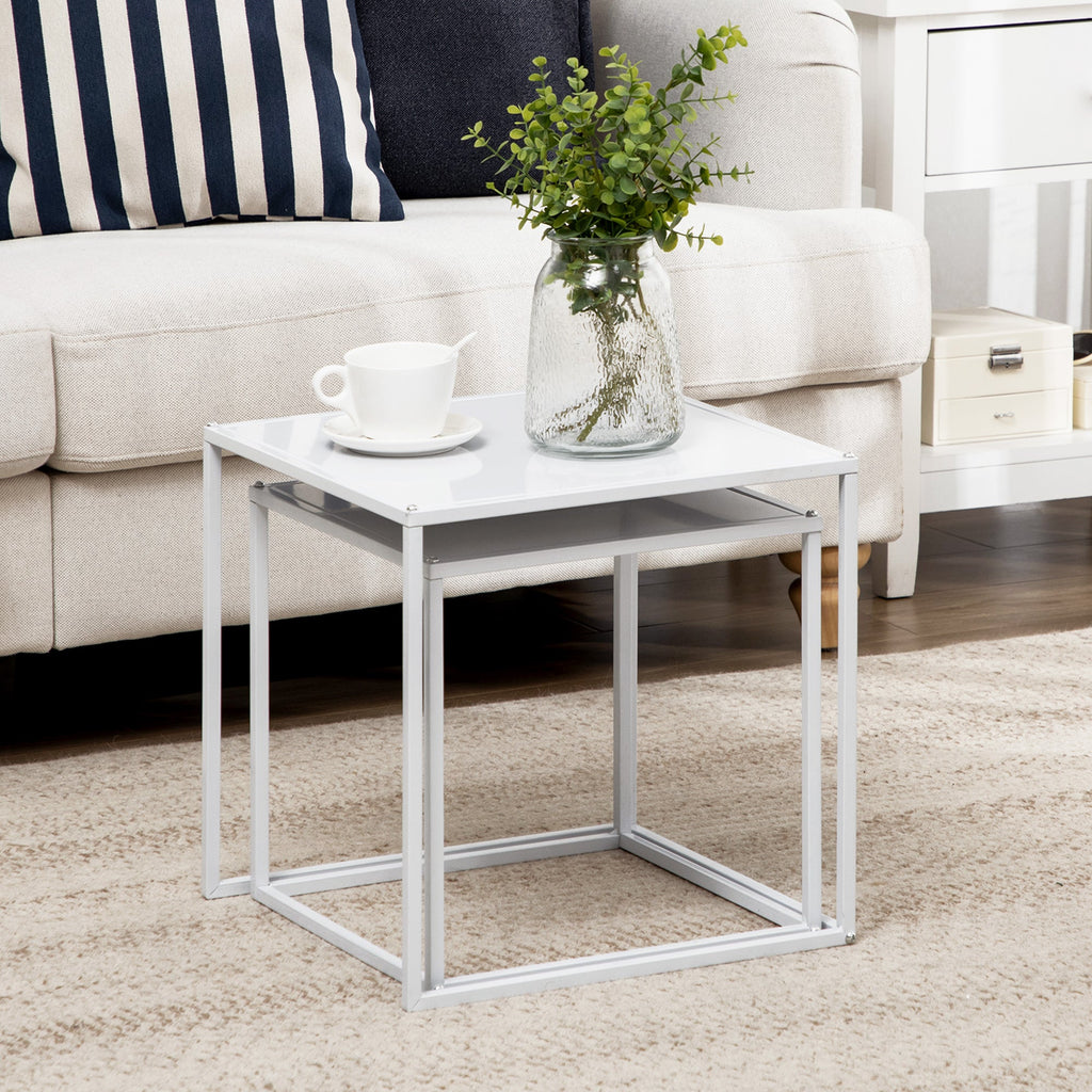 Easycomfort Set 2 Tavolini da Caffè Impilabili Quadrati in Acciaio, white