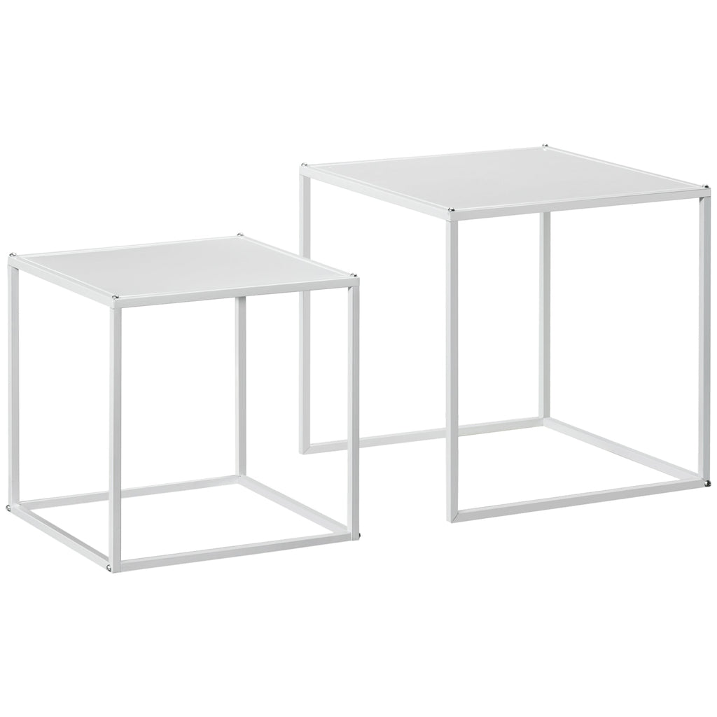 Easycomfort Set 2 Tavolini da Caffè Impilabili Quadrati in Acciaio, white
