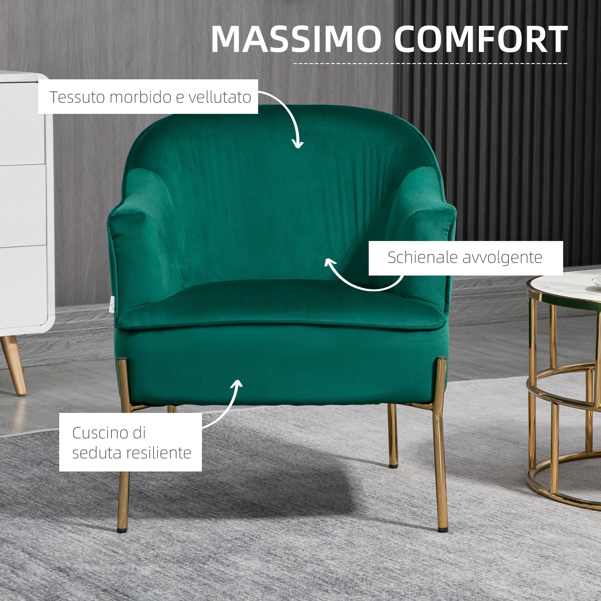 EasyComfort Fauteuil fluweel met stalen poten, 62x69x75 cm, groen